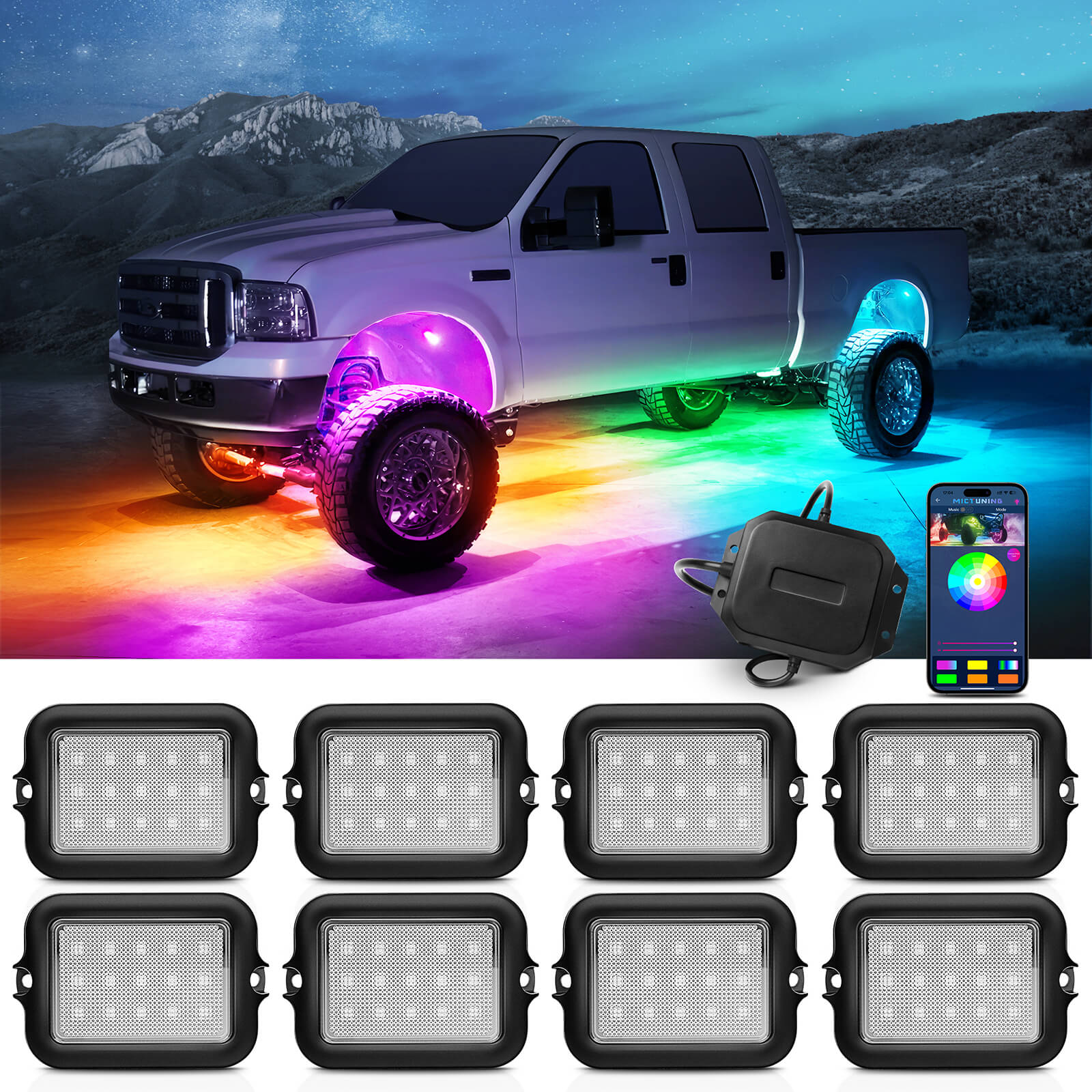 Chasing Color RGB+IC LED Rock Lights Kit Wireless APP Control, MICTUNING  8-12 Pods Y1 Underbody Multicolor Neon Underglow Lighting Kit