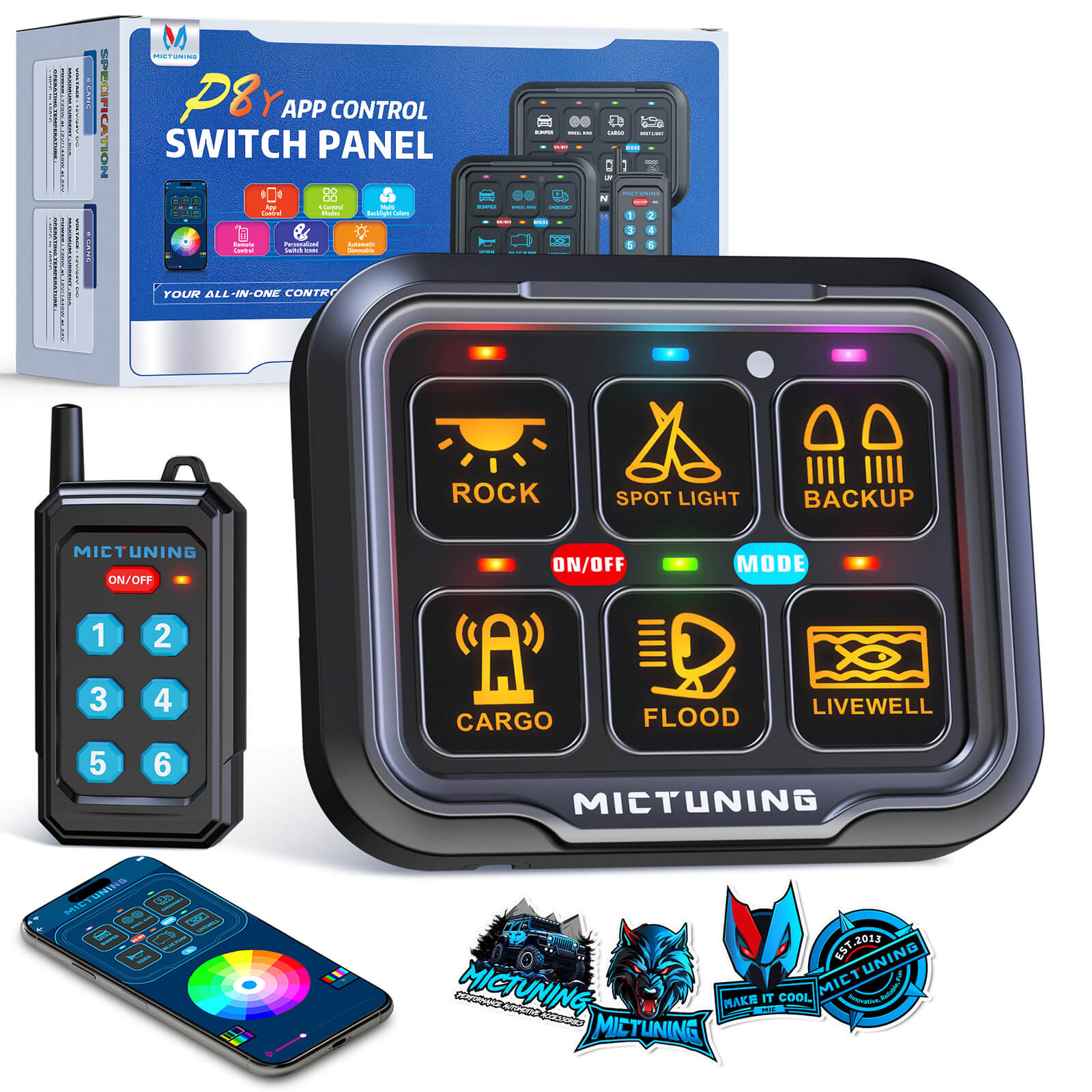 MICTUNING P8Y Ultra RGB Switch Panel with App & 230FT Remote Control, 6/8 Gang , IP67 Waterproof, Auto-Dimming