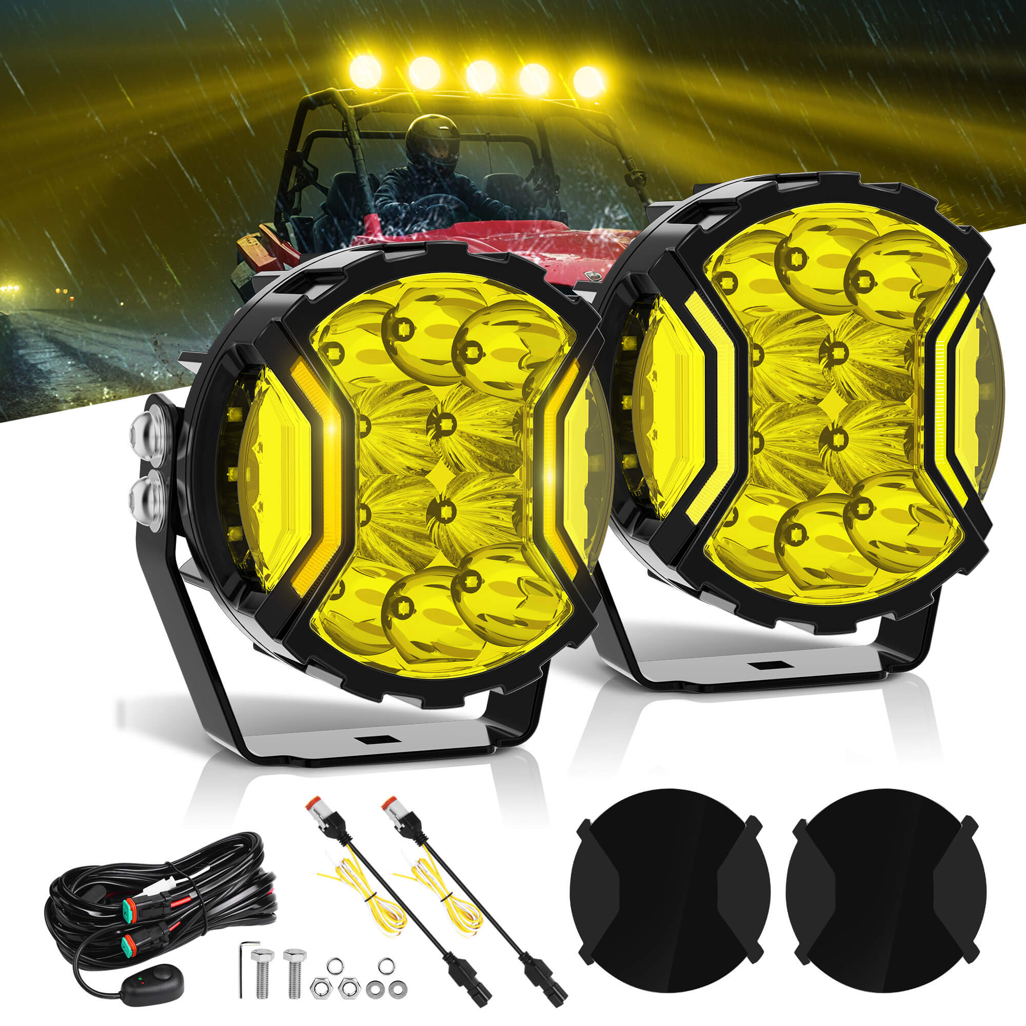 5 Inch 180W LED Yellow Light Pods - Yellow DRL & Amber Turn Signal, Offroad Driving Side Shooter, Fog Spot Flood Auxiliary Ditch Lamps w/ Covers, Pair