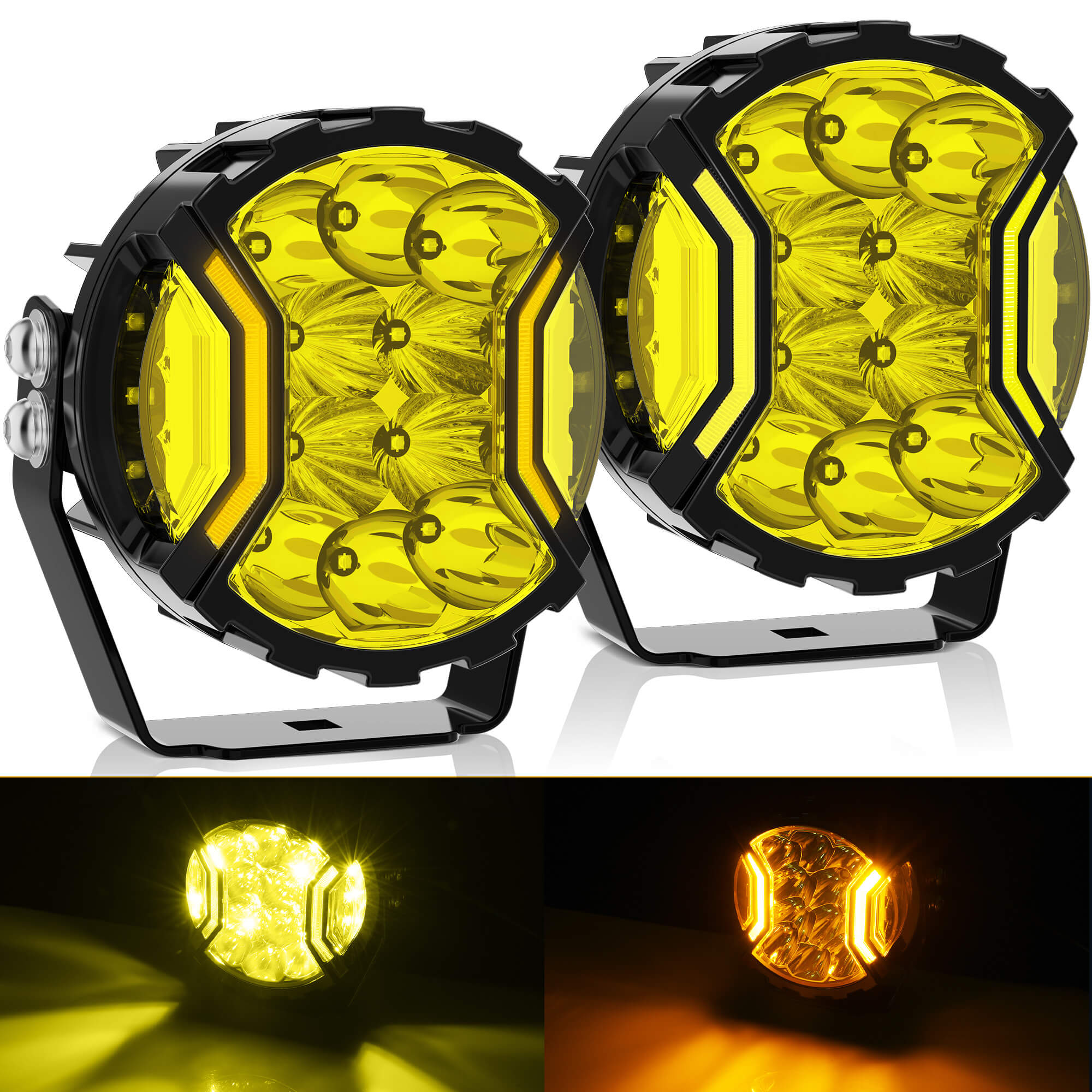 5 Inch 180W LED Yellow Light Pods - Yellow DRL & Amber Turn Signal, Offroad Driving Side Shooter, Fog Spot Flood Auxiliary Ditch Lamps w/ Covers, Pair