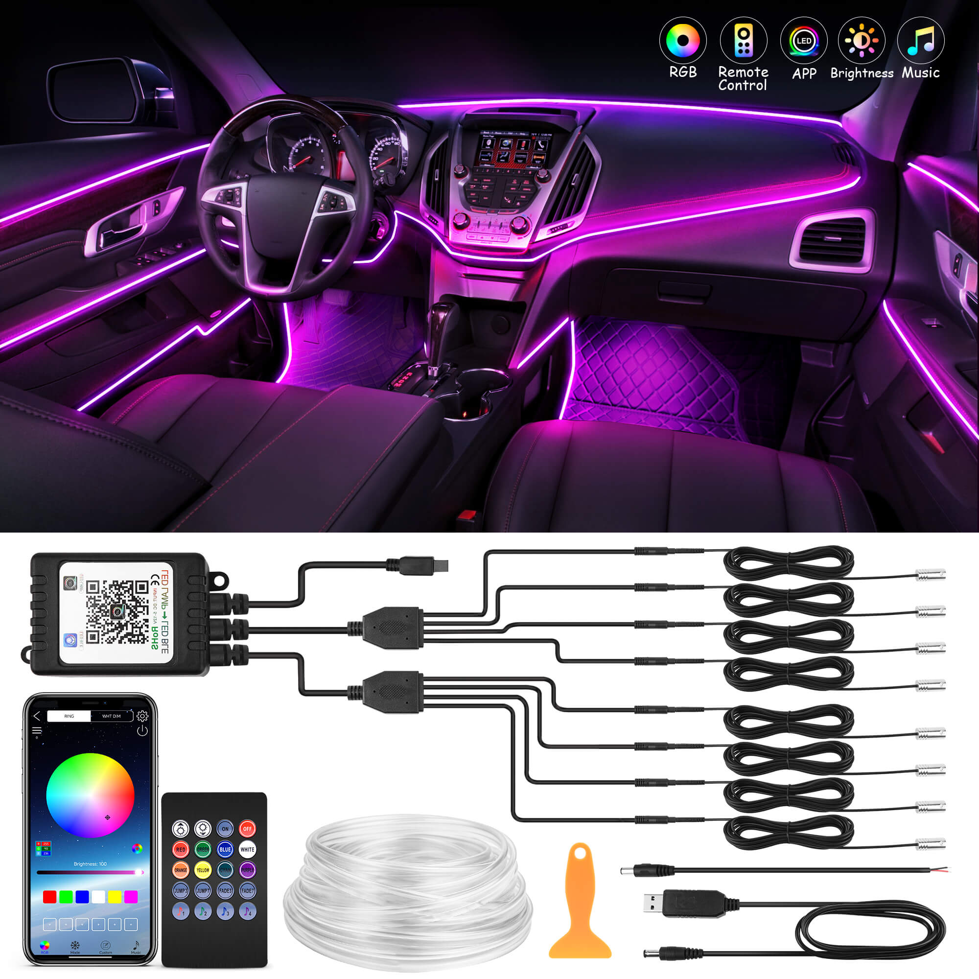 Interior Car LED Strip Lights, RGB 8 in 1 Car Neon Ambient Lighting Kits with 400 inches Fiber Optic tubing MICTUNING