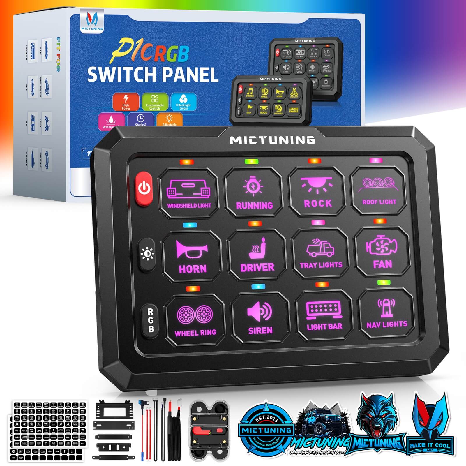 MICTUNING P1C RGB Switch Panel 8/12 Gang, IP67 Waterproof 4 Control Modes LED Control Panel Box Electronic Relay System Switch Box Universal