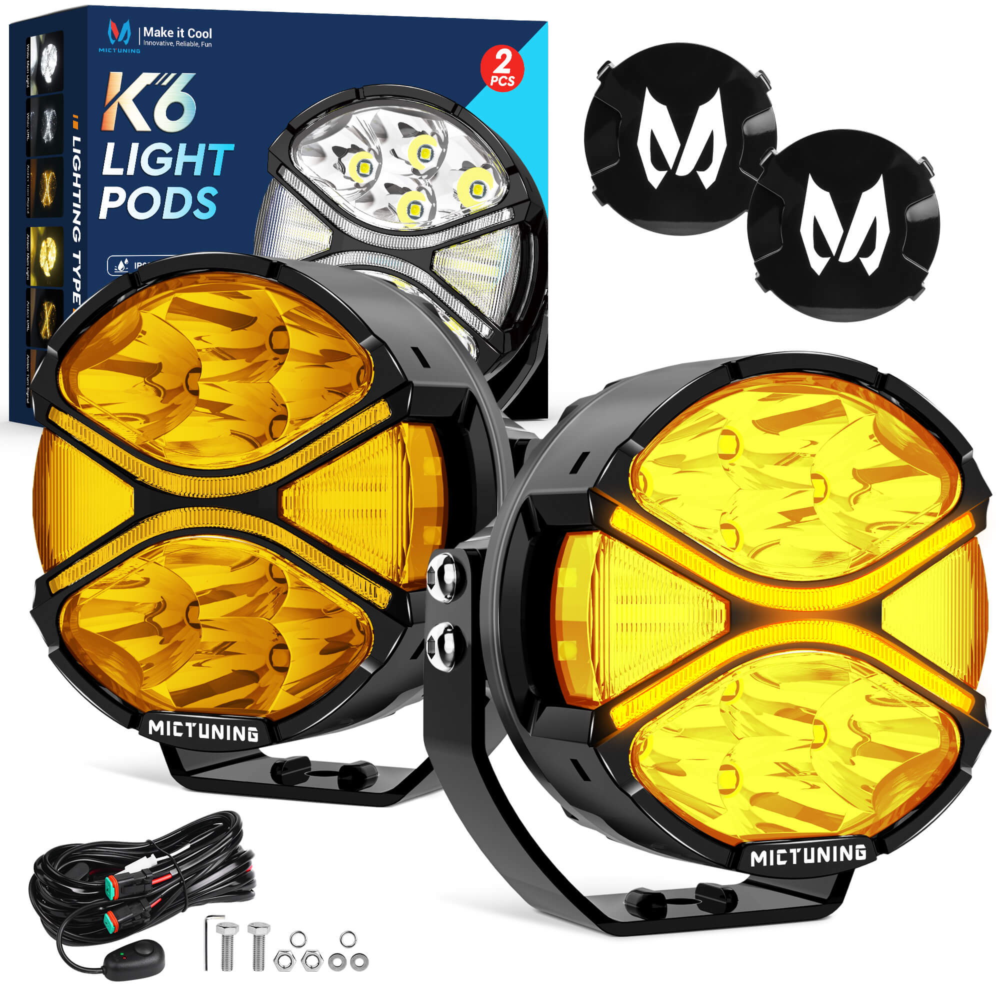 K6 4 Inch 160W LED Light Pods White/Amber - 270° Side Shooter with DRL & Turn Signal, Offroad Driving Ditch Lights w/ Covers, 2PC