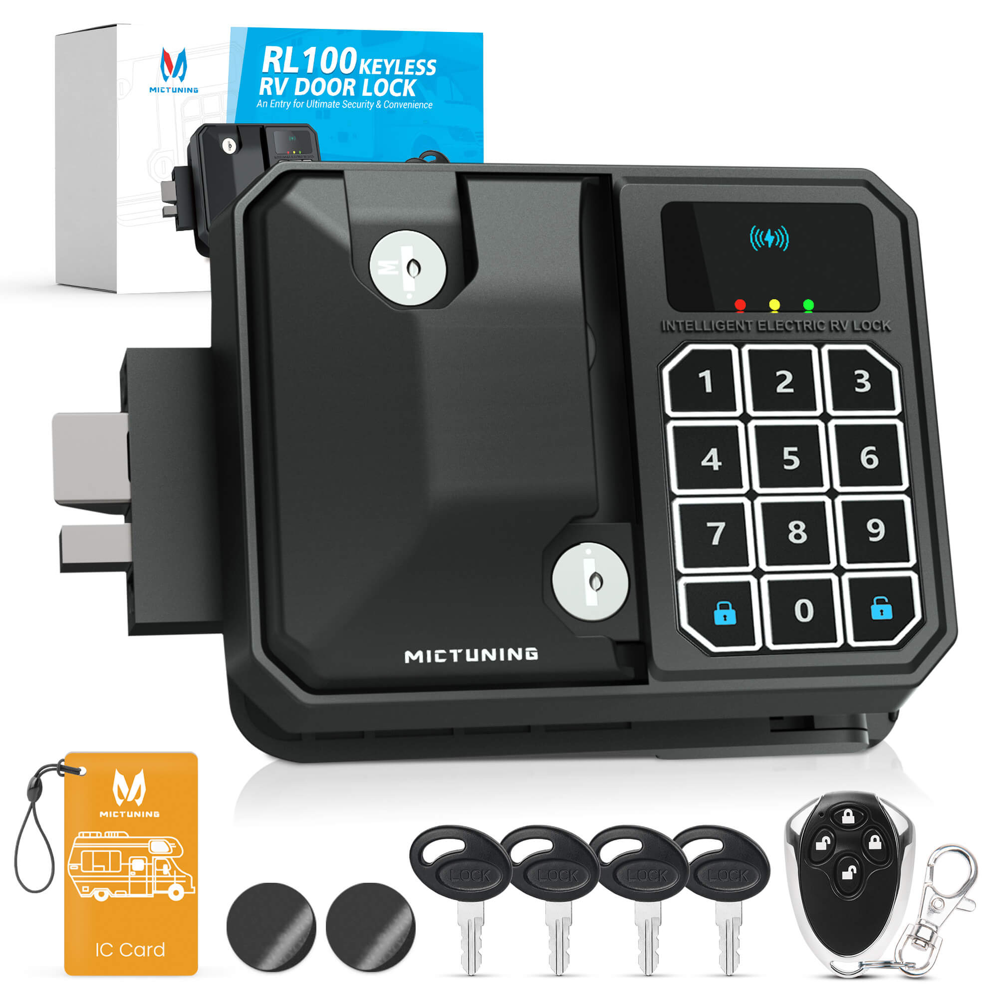 Keyless RV Entry Door Latch Digital Lock, 10 Digits LED Keypad, Wireless Key Fob, Electronic NFC & Mechanical Key