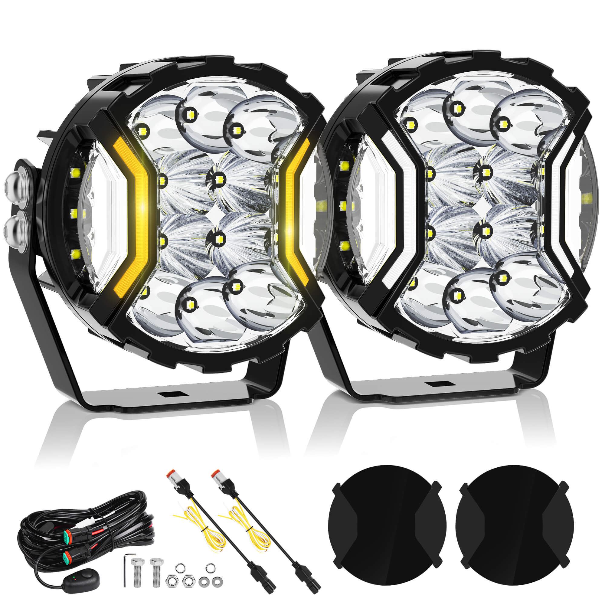 5 Inch 180W LED White Light Pods - White DRL & Amber Turn Signal, Offroad Driving Side Shooter, Fog Spot Flood Auxiliary Ditch Lamps w/ Covers, Pair