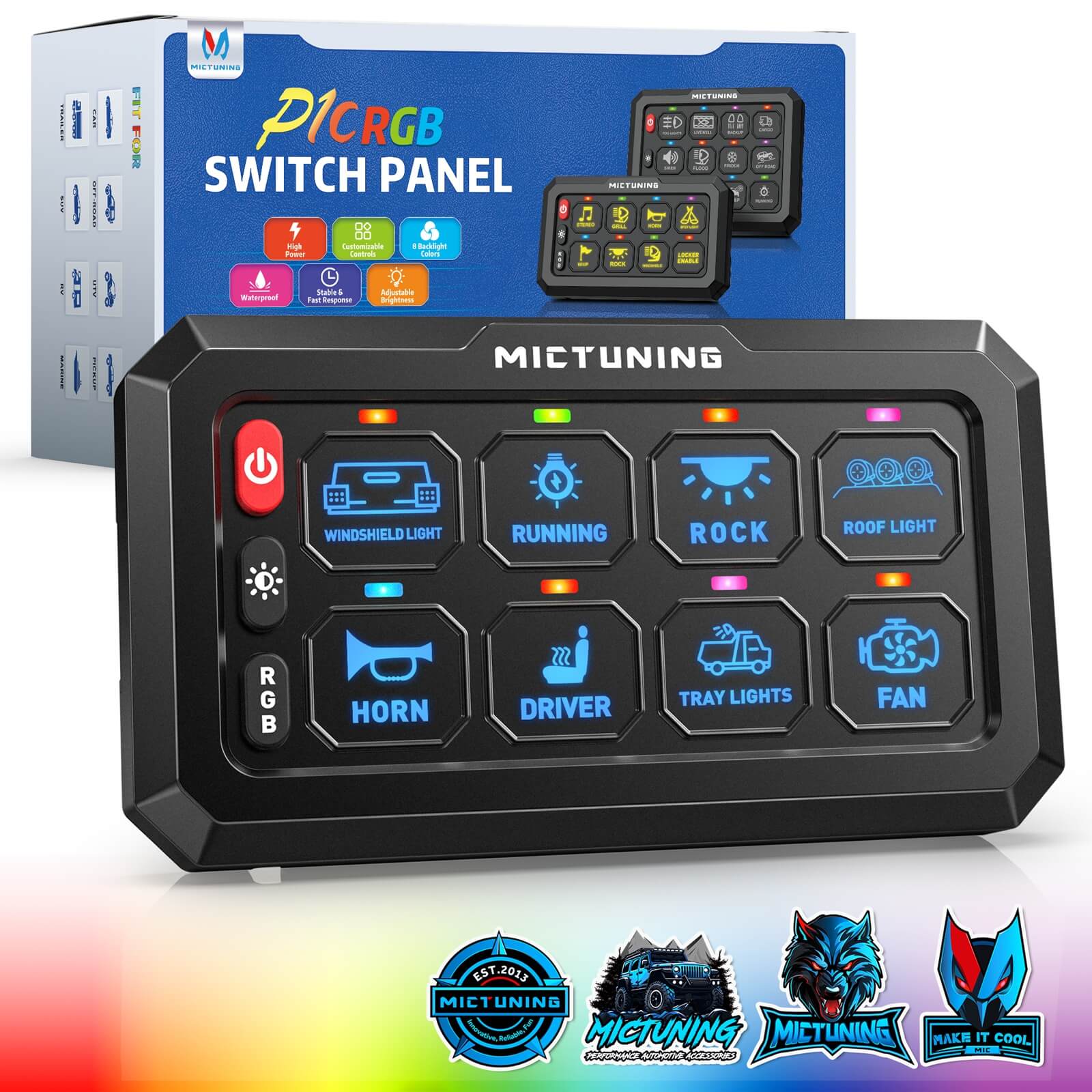 MICTUNING P1C RGB Switch Panel 8/12 Gang, IP67 Waterproof 4 Control Modes LED Control Panel Box Electronic Relay System Switch Box Universal