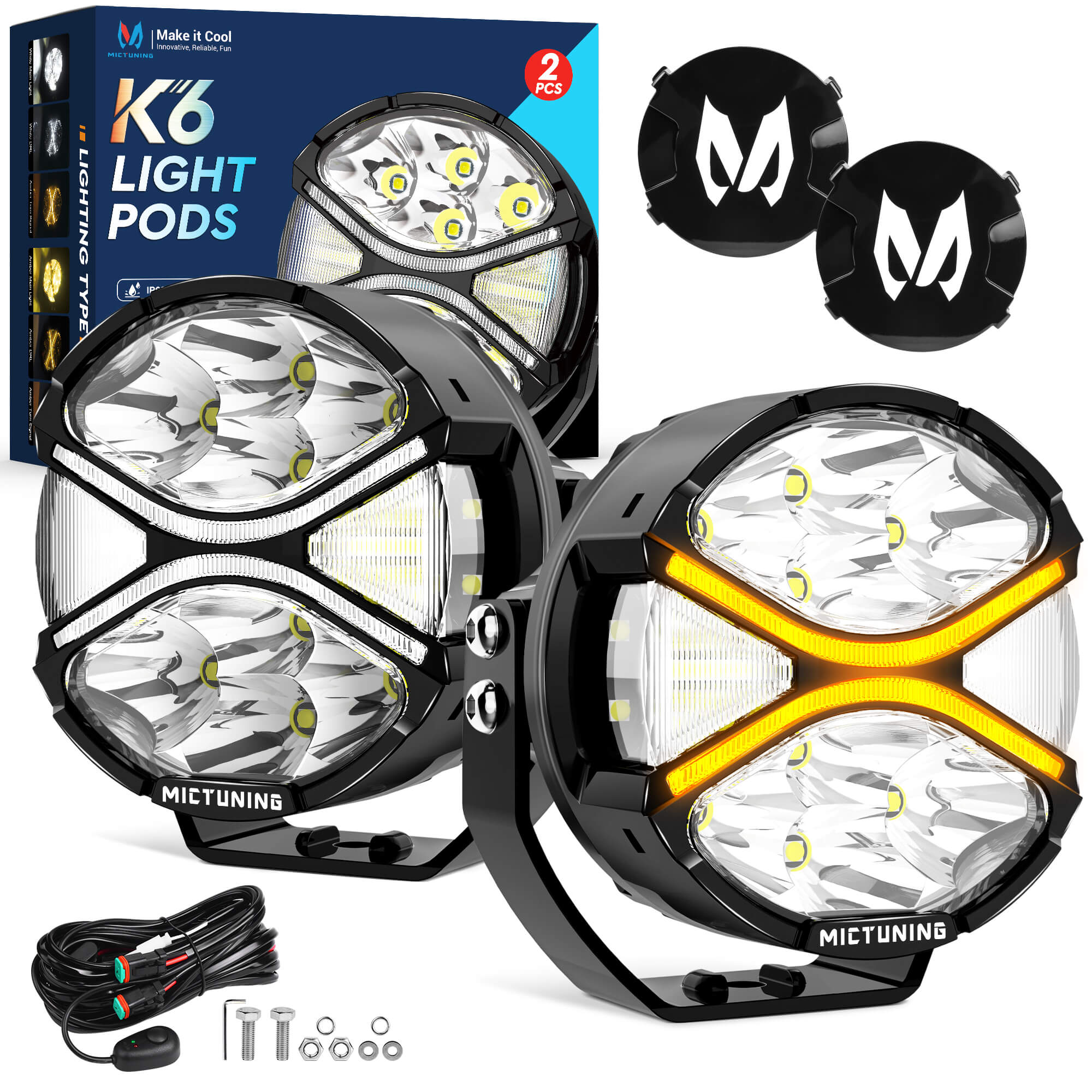 K6 4 Inch 160W LED White Light Pods - White DRL Amber Turn Signal, 270° Side Shooter Offroad Driving Ditch Lights w/ Covers, 2PC