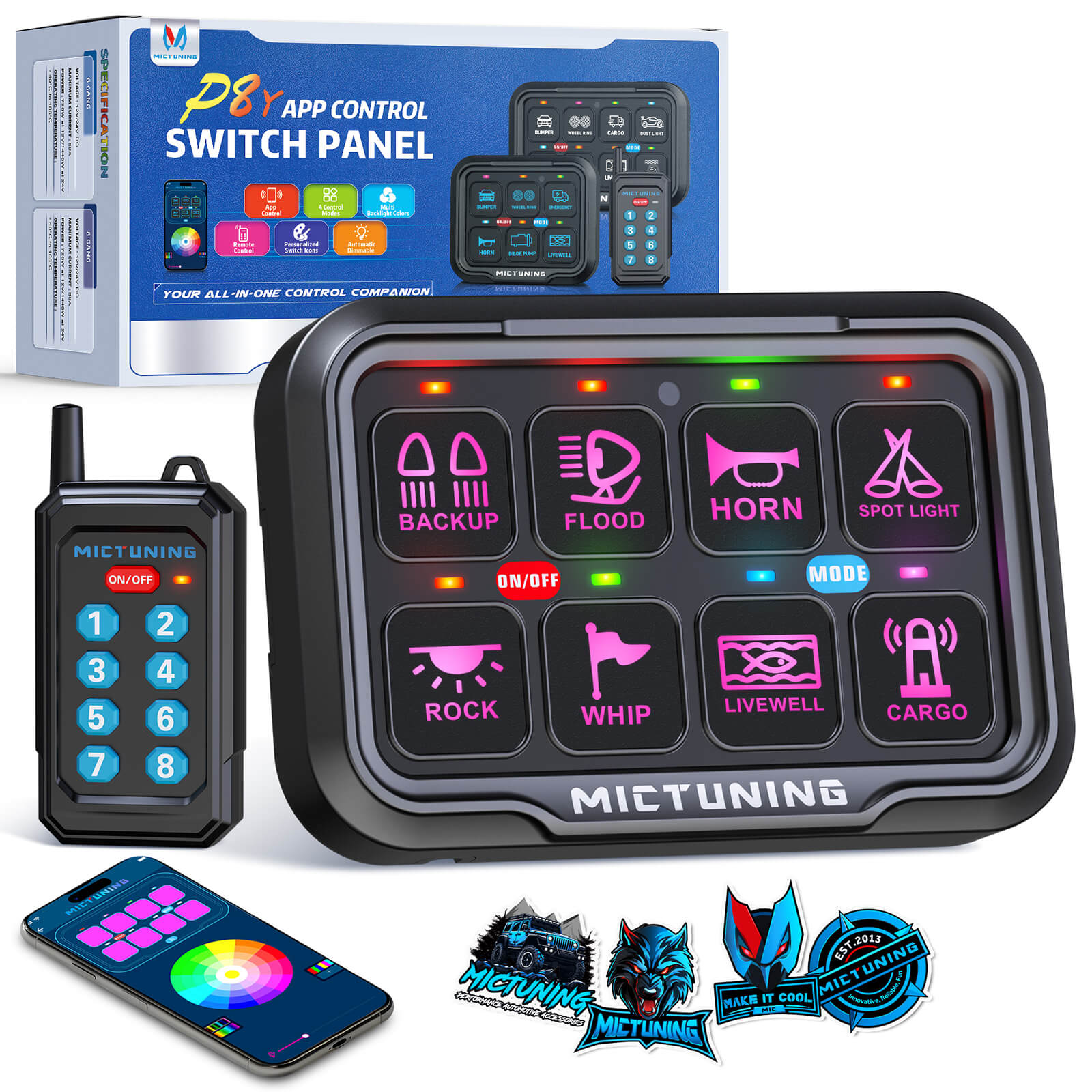 MICTUNING P8Y Ultra RGB Switch Panel with App & 230FT Remote Control, 6/8 Gang , IP67 Waterproof, Auto-Dimming