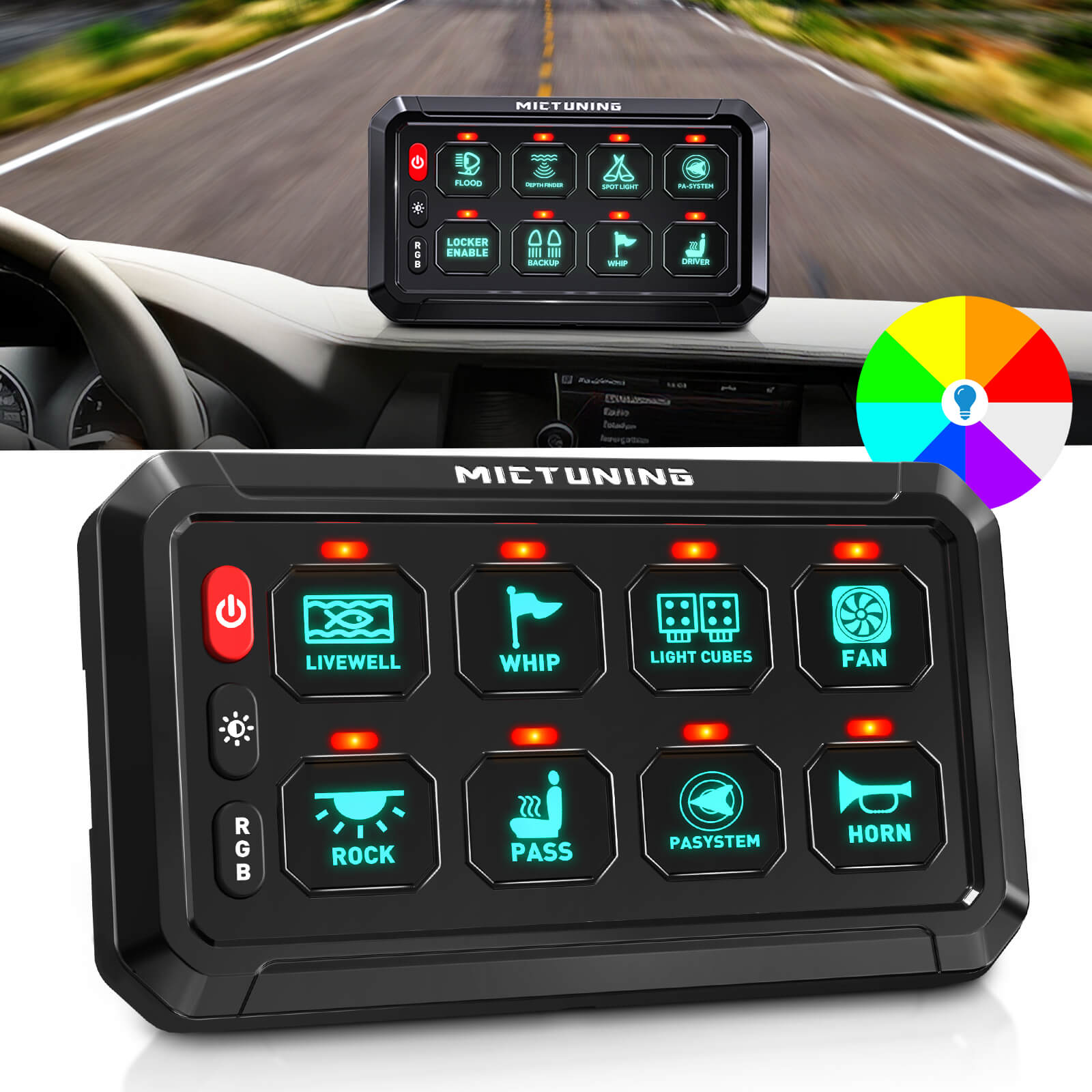 P1s-X RGB 5" 8/12 Gang Switch Panel with Backlit Off, Multifunction Toggle Momentary Strobe Pulsed Switch Pod