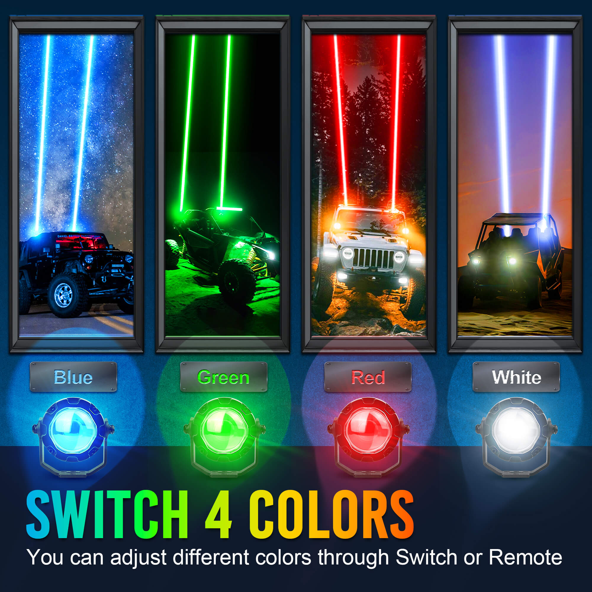 48W LED Whip Lights Square/Round, Whipless Antenna, Spot Beam Pod Lights LED, Rocker Switch & Remote Control