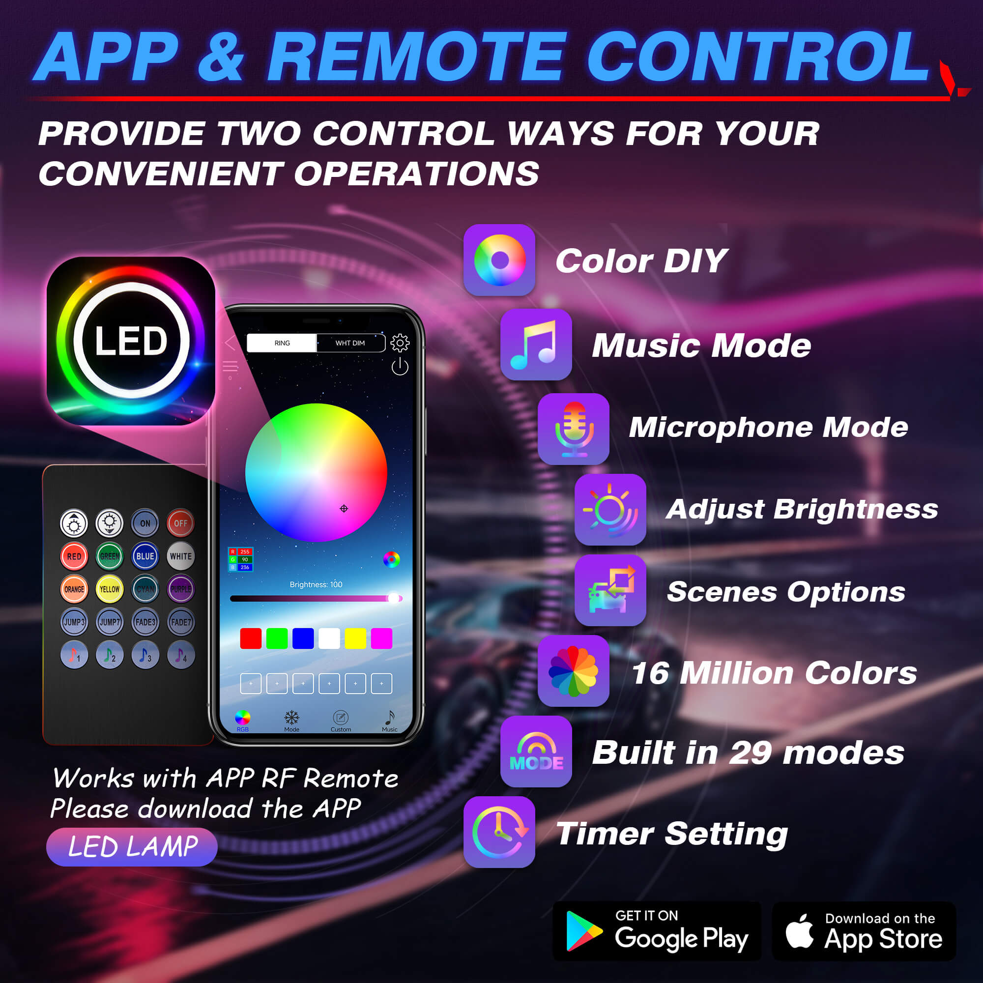 Interior Car LED Strip Lights, RGB Neon Ambient Lighting Kit with Fiber Optic Tubing, 16 Million Colors, Wireless APP & Remote Control, 6-in-1 /8-in-1 /10-in-1