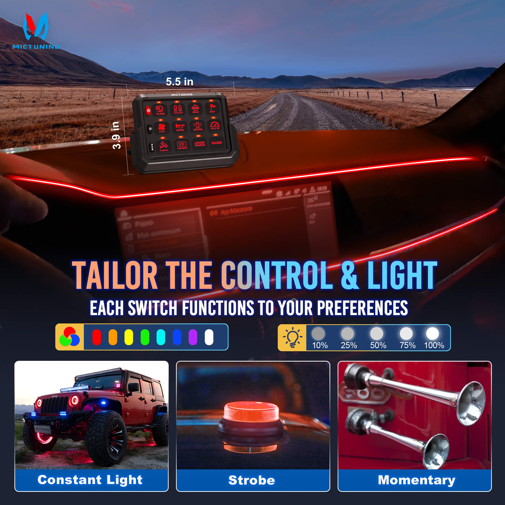 P1s-AC Wireless Cordless RGB Switch Panel Up to 265FT 8/12 Gang Bundle with Q2 MAX RGB+IC Rock Lights Individual Group Control, 8-16 Pods