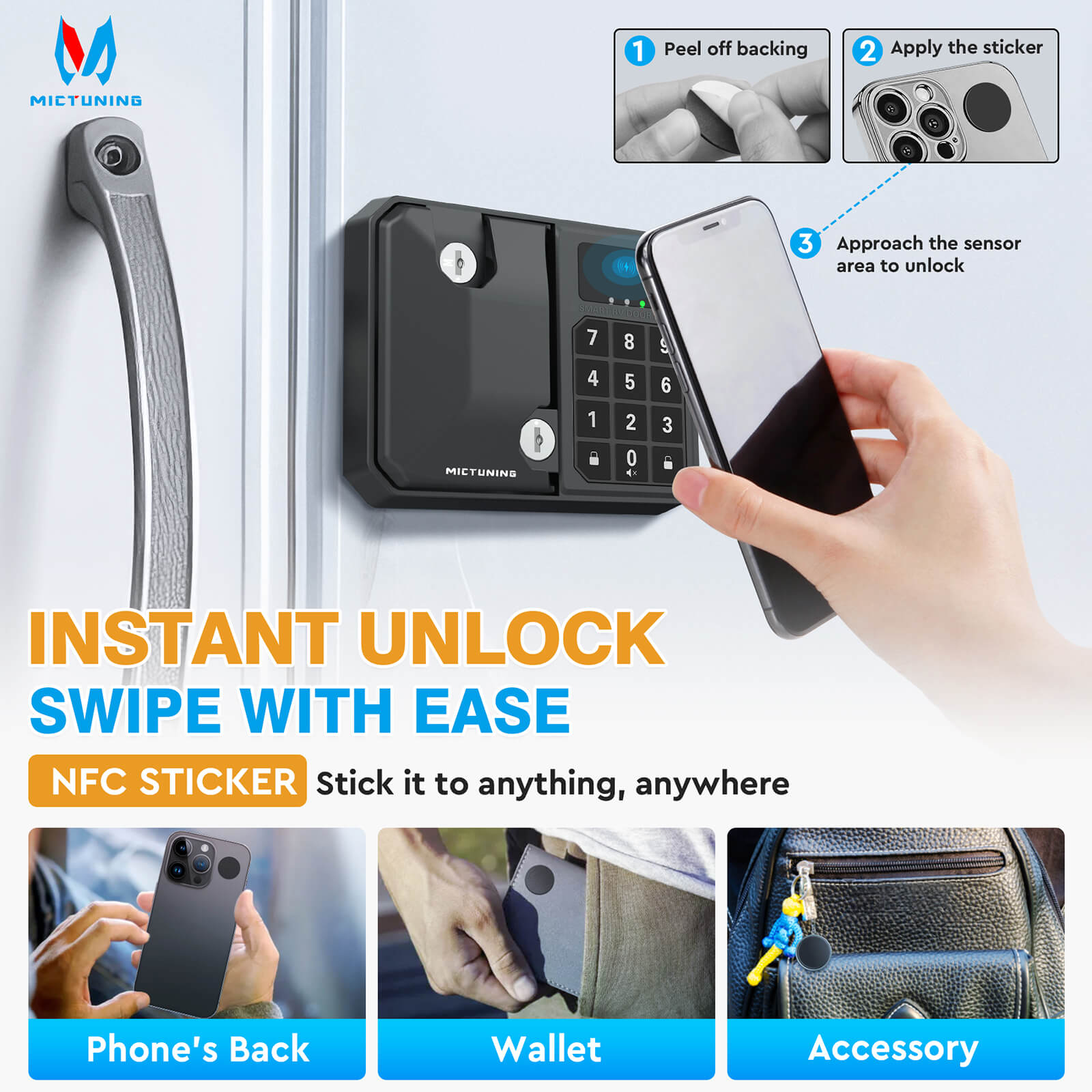 2025 Upgraded Keyless RV Door Lock Replacement, 10 Digits LED Keypad, Wireless Key Fob, Electronic NFC & Mechanical Key