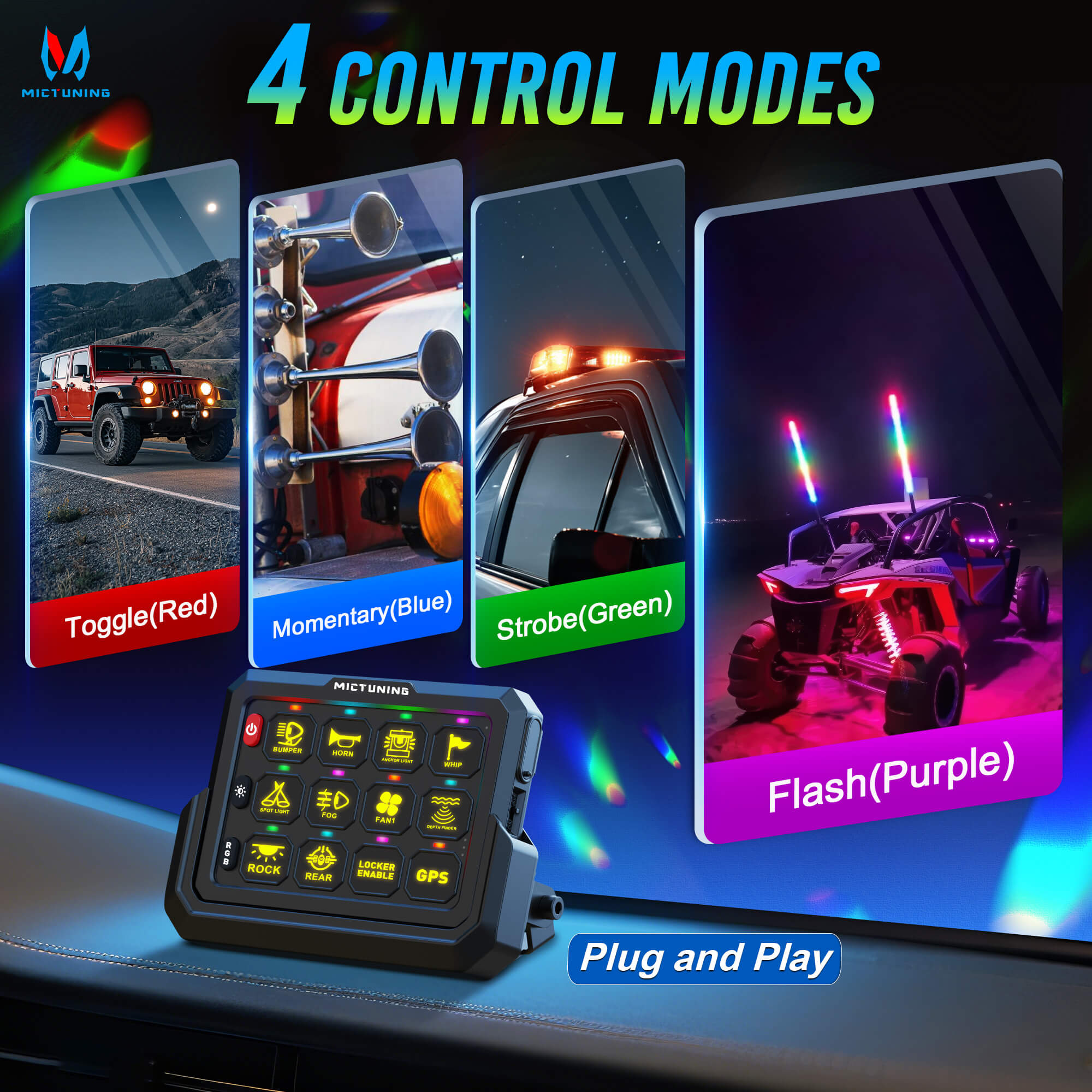 P1s-W Wireless Switch Panel Support Multi-panel Control, Up to 328FT Range, 8/12 Gang Bundle with Q2 MAX RGB+IC Rock Lights Individual Group Control, 8-16 Pods