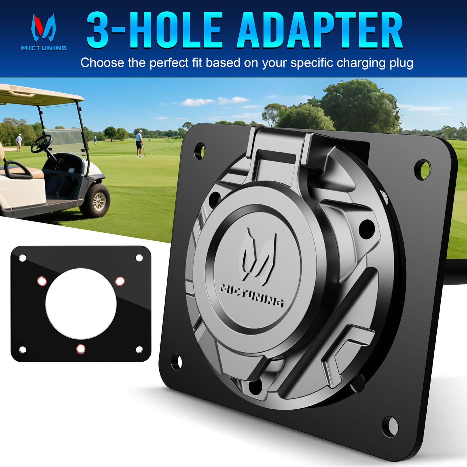 Golf Cart Charging Port Adapter 3 Holes/4 Holes, Compatible with EZGO TXT EZ-GO Golf Cart, 110V AC 36V Adapter Plate for Lithium Battery Conversion and On Board Charging