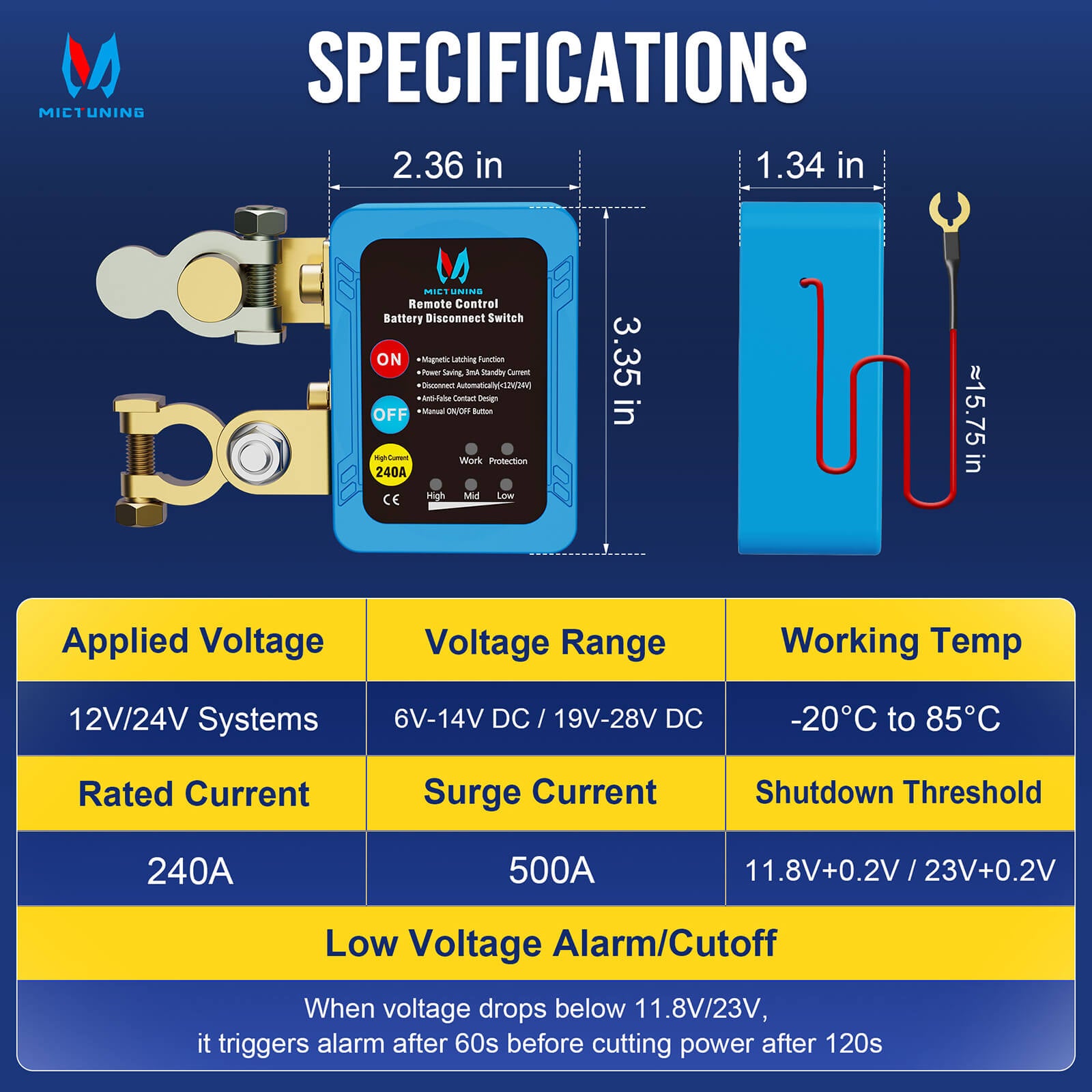 Kill Switch Remote Control 12V 240A Battery Disconnect Isolator Anti-Theft Switch LED Indicators Automatic Power Shut Off for RV Truck Camper Boat