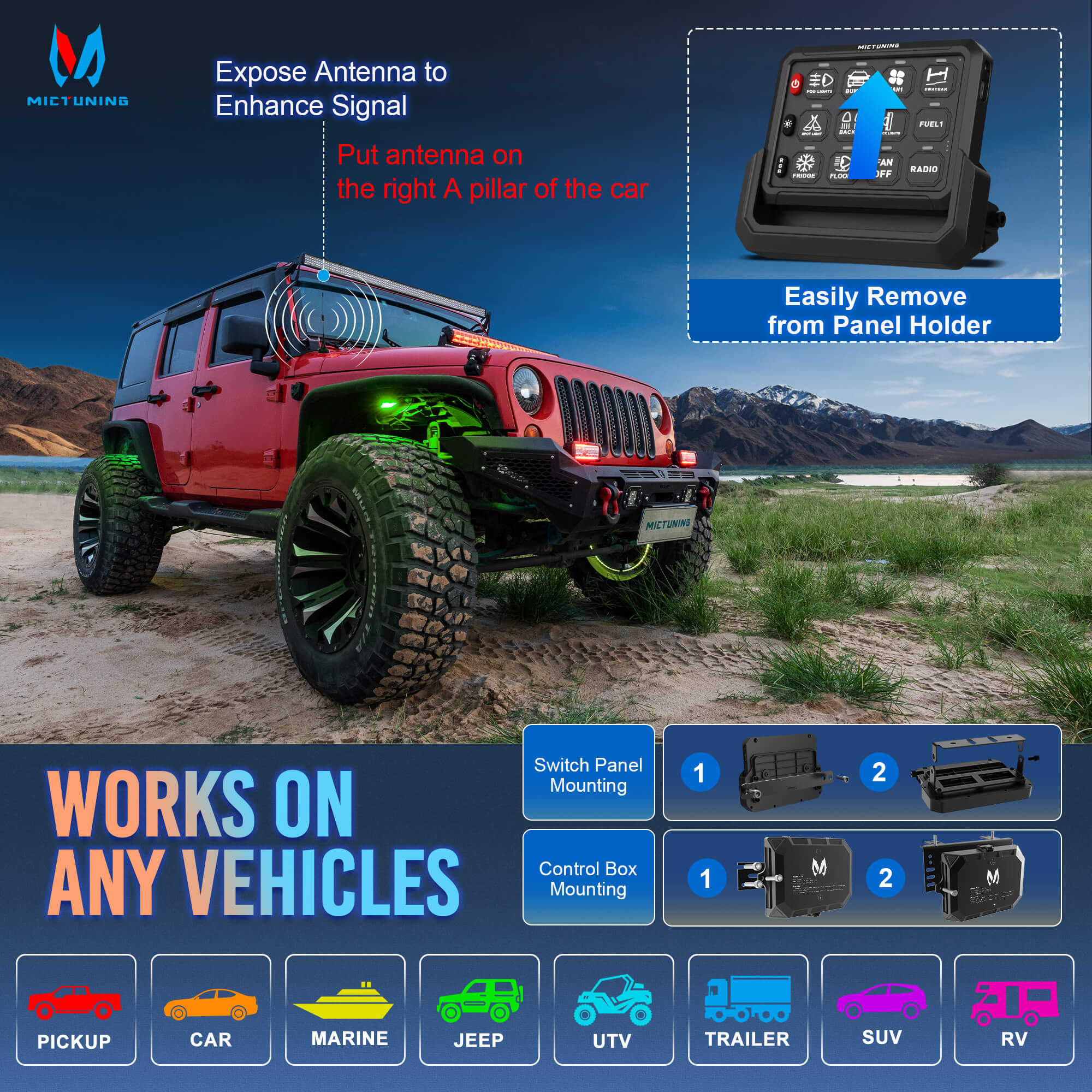 Q1 Max RGB+IC Rock Lights 8-24 Pods Bundle with P1s-AC Wireless 8/12 Gang RGB Switch Panel Removable Panel