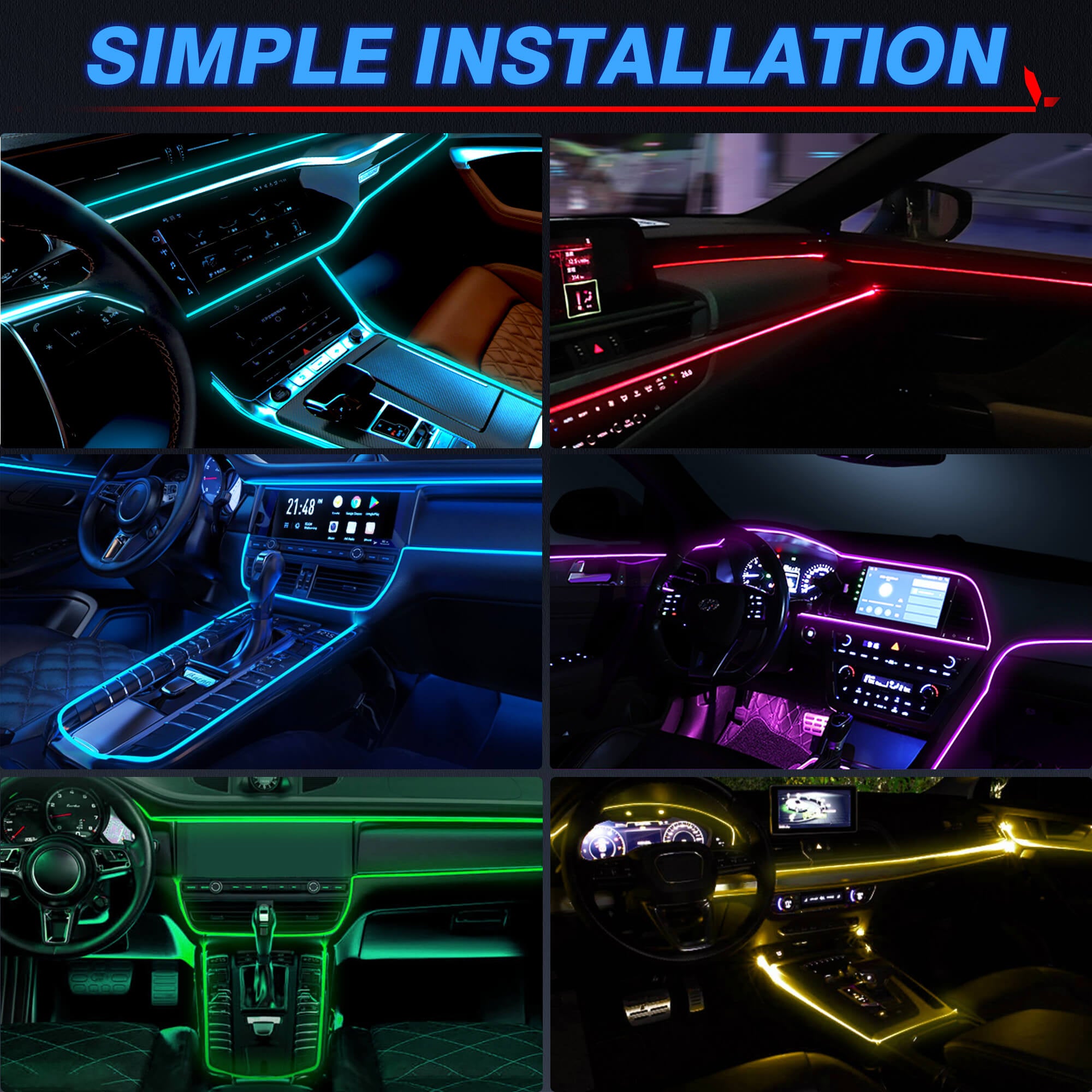 Interior Car LED Strip Lights, RGB Neon Ambient Lighting Kit with Fiber Optic Tubing, 16 Million Colors, Wireless APP & Remote Control, 6-in-1 /8-in-1 /10-in-1