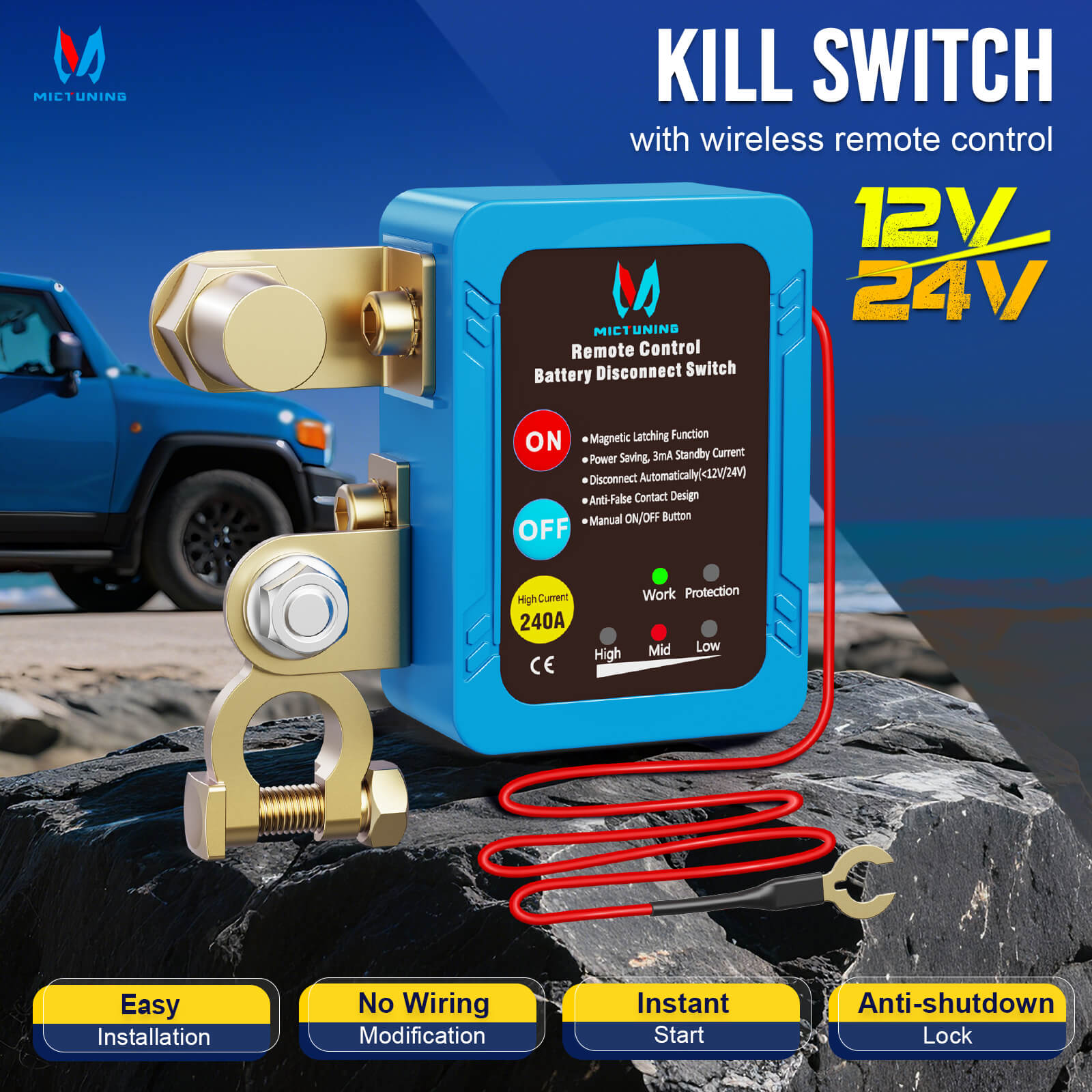 Kill Switch Remote Control 12V 240A Battery Disconnect Isolator Anti-Theft Switch LED Indicators Automatic Power Shut Off for RV Truck Camper Boat