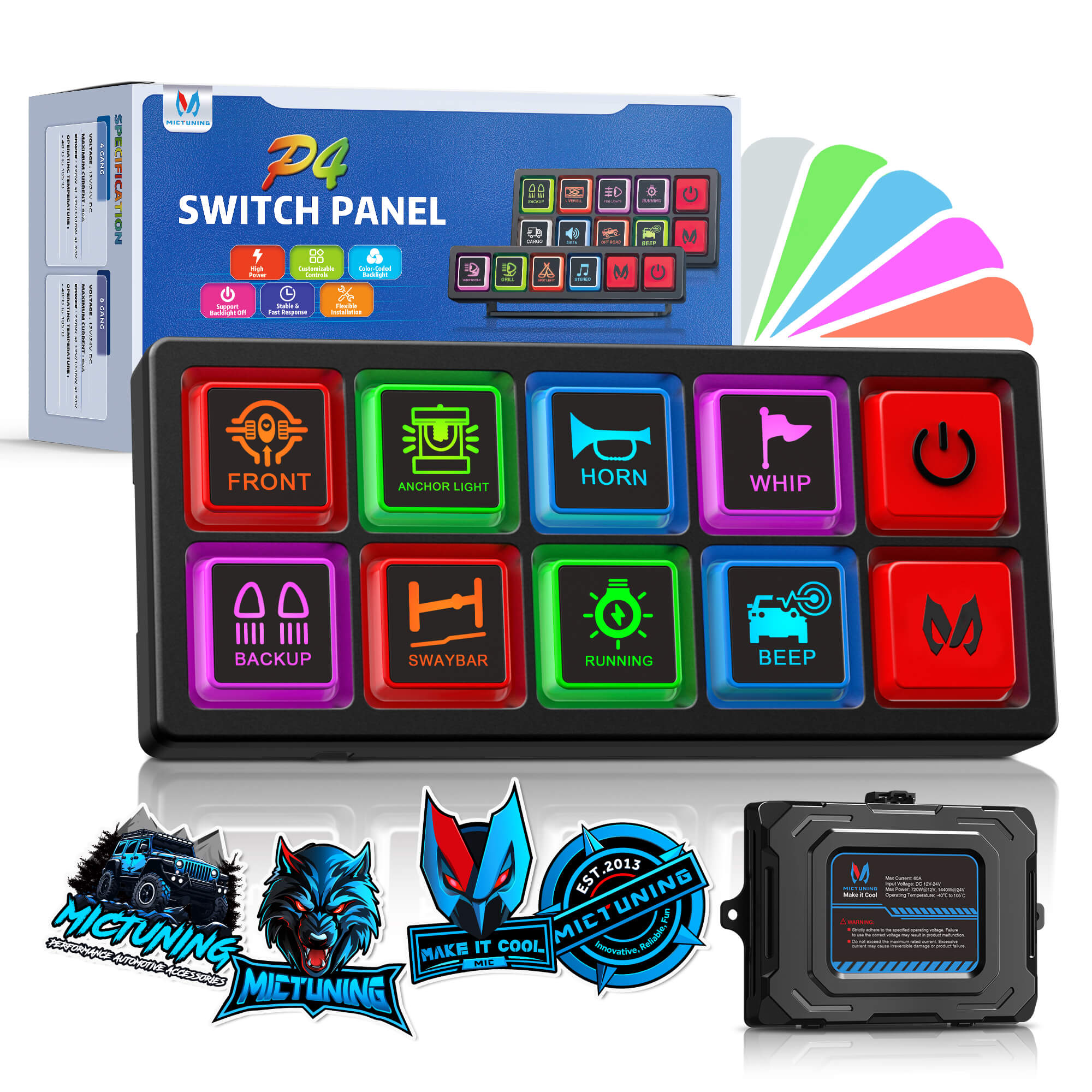 MICTUNING P4 Neon Switch Panel 4/8 Gang Universal Circuit Control Relay System Box, LED Backlit Silicone Buttons, Toggle On-Off Touch Pod