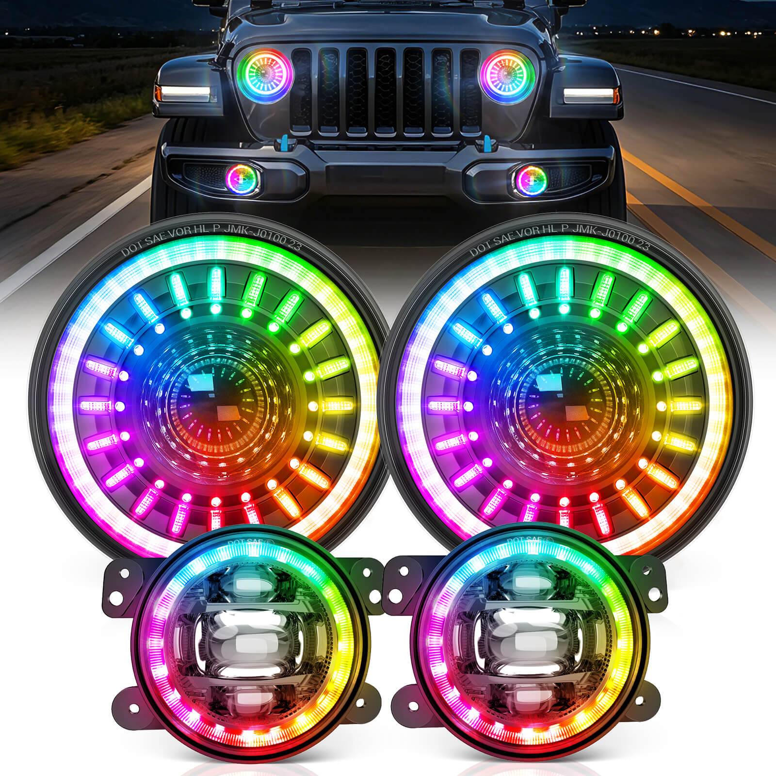 J1 RGB+IC 7″ LED Headlights with Fog Lights Assembly, Multi-color Chasing, DOT Approved For 1997-2018 Jeep Wrangler TJ JK Chevy Ford GMC