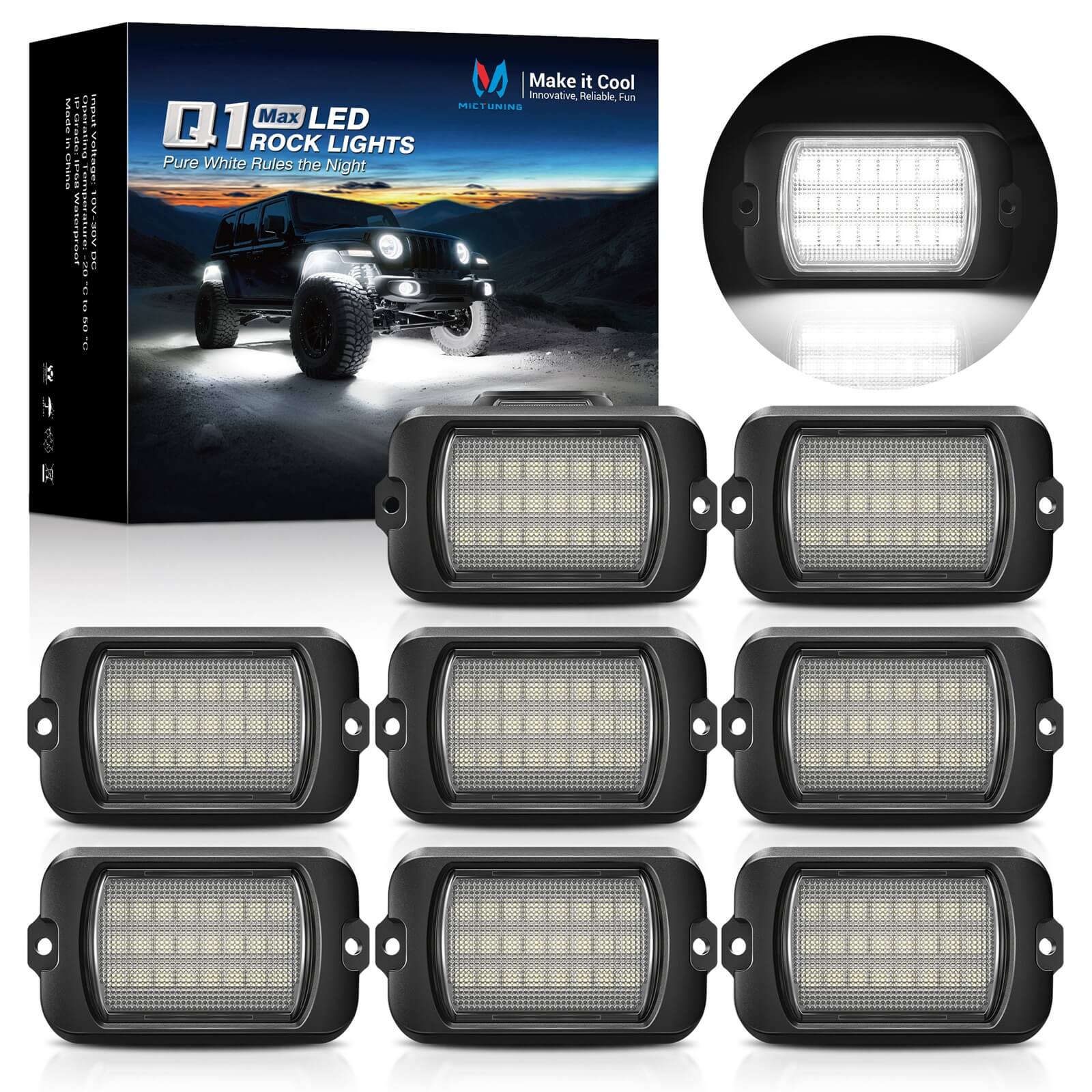 Q1 MAX White Rock Lights - 4-12 Pods Underglow Lights Compatible for Car Truck Offroad Boat, IP68 Waterproof