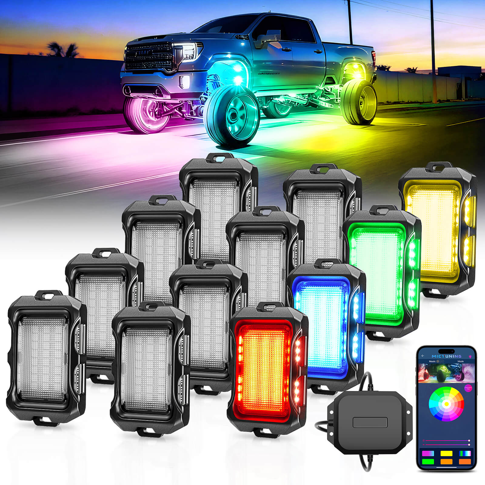 Newest Q2 MAX RGB+IC Rock Lights, 8-16 Pods Multi-Color DIY Effect Underglow Neon Kit, Individual Group Control, Extensible Up to 20 Pods, APP Control
