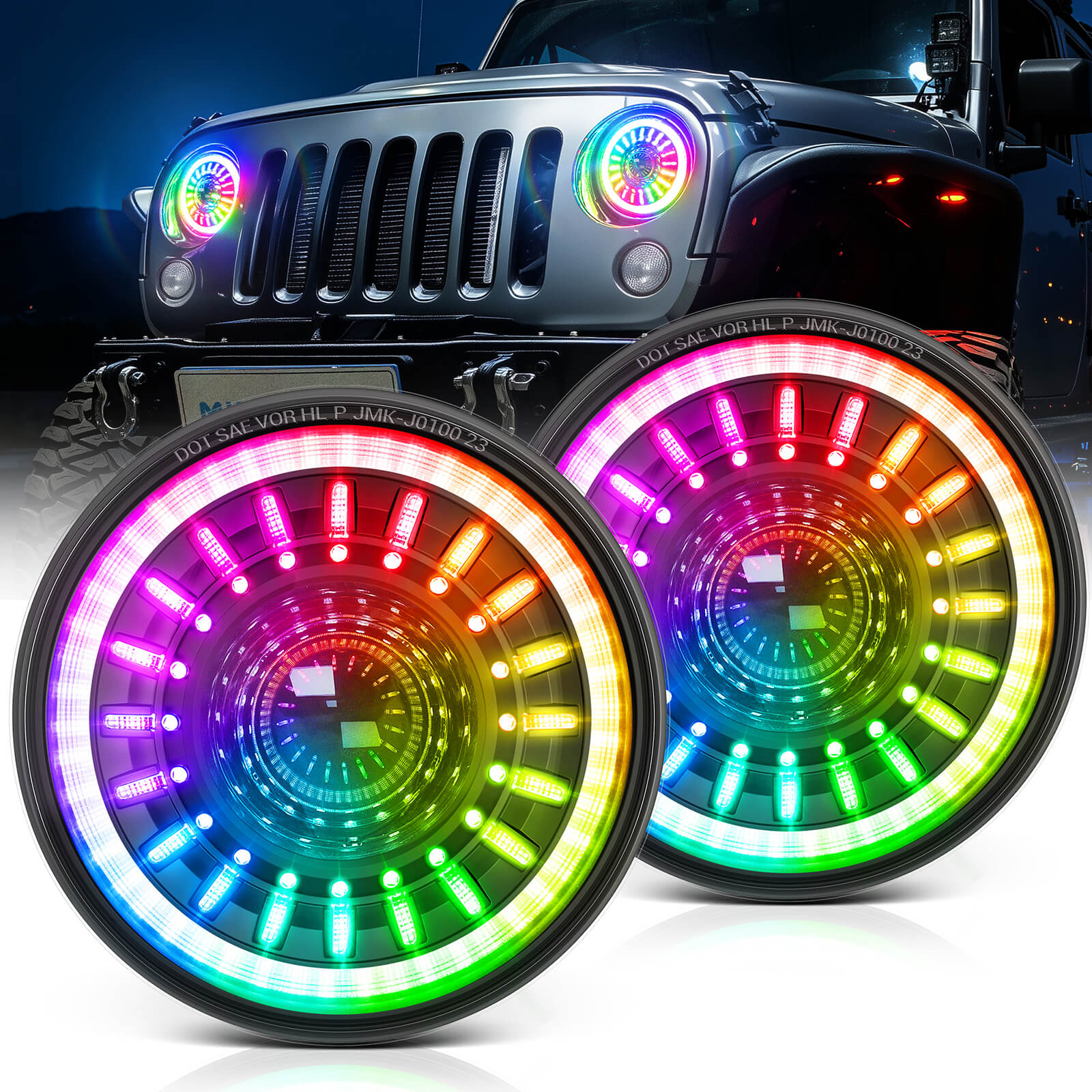 7″ DOT Approved Headlights for Jeep Wrangler, J1 RGB+IC Anti-glare