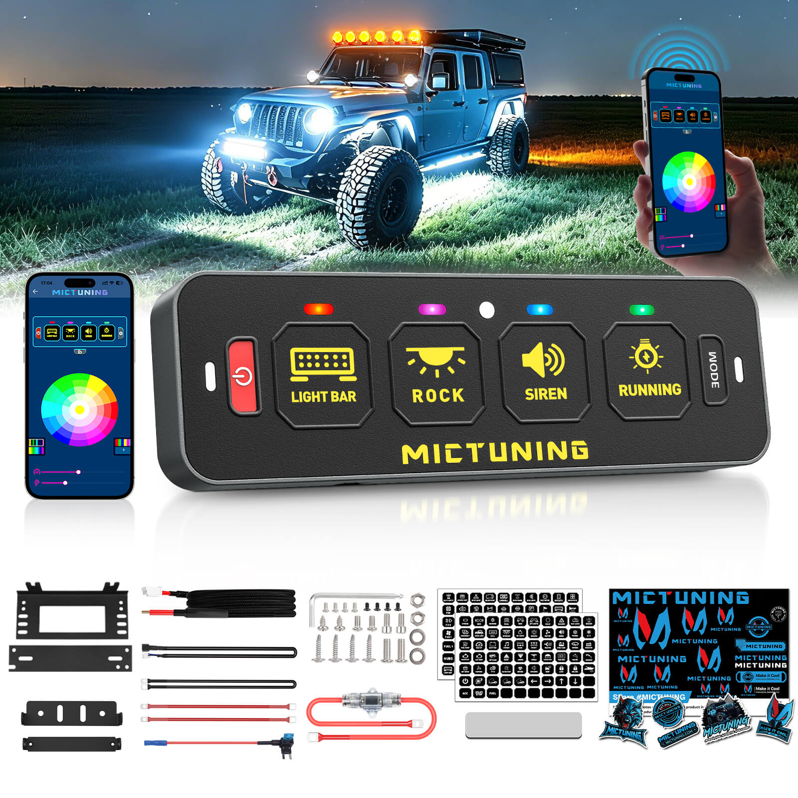 MS-A Slim App Control Switch Panel 4 Gang/6 Gang, RGB Auto-dimming Backlit, Multifunction Toggle Momentary Flash Strobe Circuit Control Relay System Box