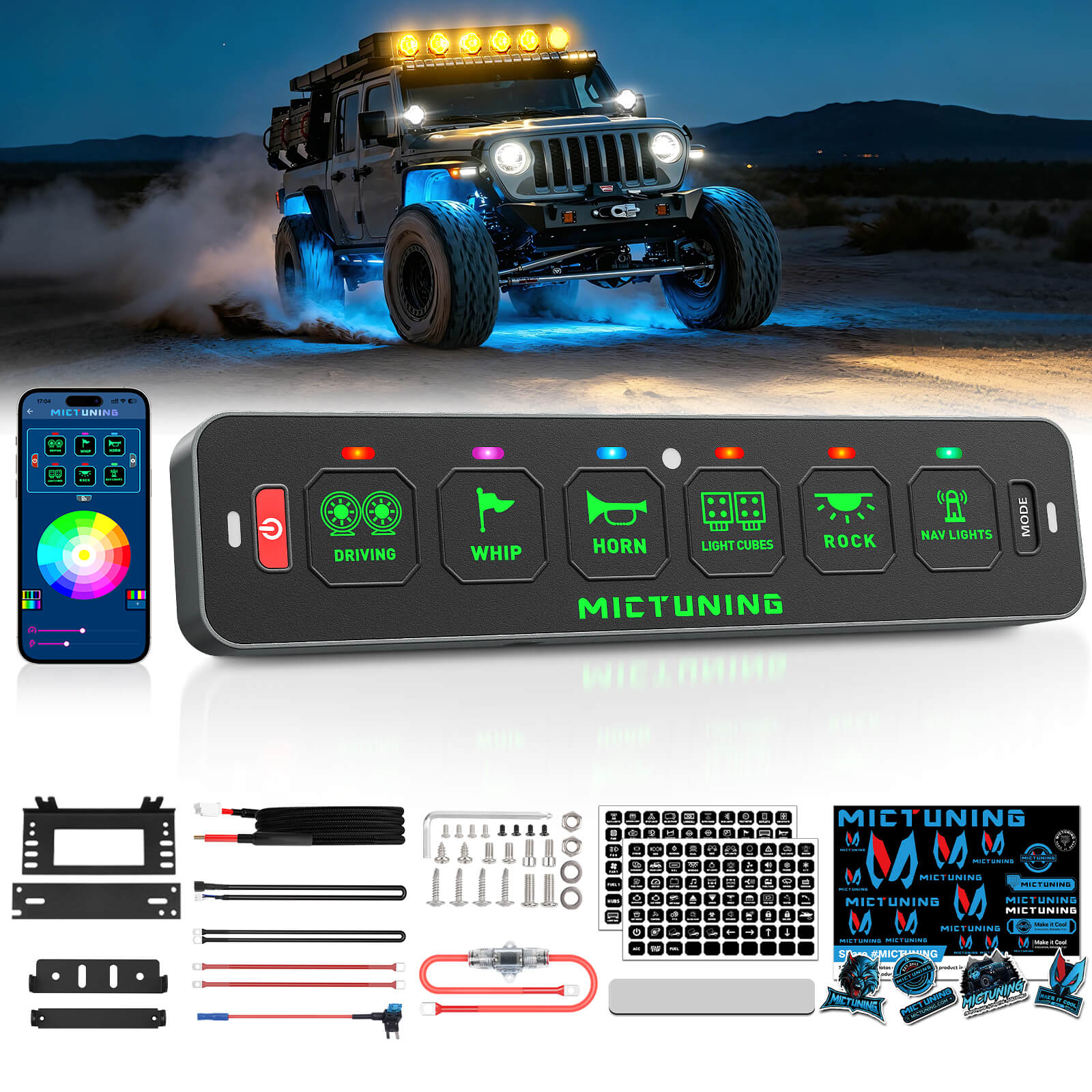 MS-A Slim App Control Switch Panel 4 Gang/6 Gang, RGB Auto-dimming Backlit, Multifunction Toggle Momentary Flash Strobe Circuit Control Relay System Box