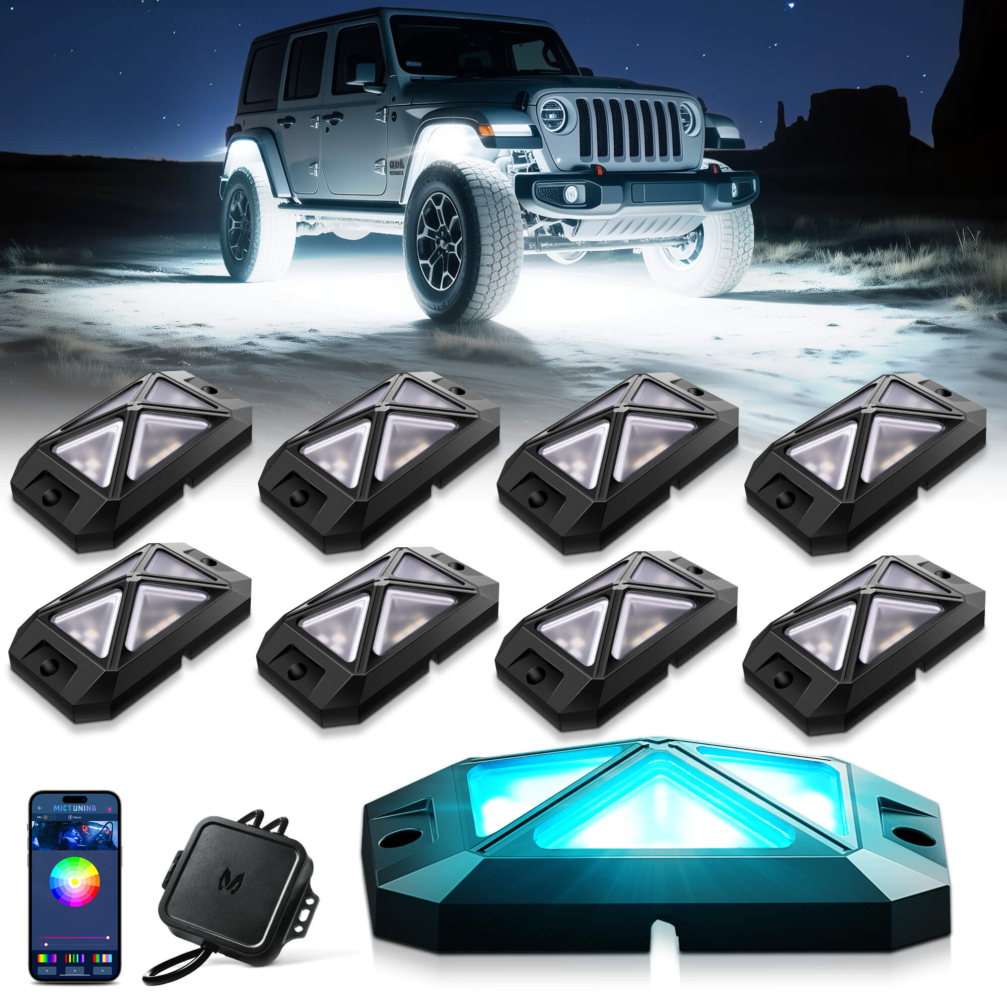 2025 Newest C4 360° Ultra-bright 4-Sided Wide Angle RGBW LED Rock Lights, Microphone Sync with APP Control, 8-16 Pods