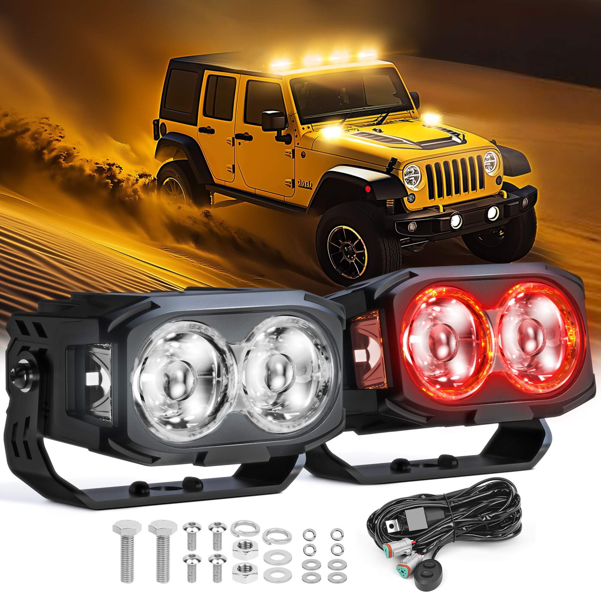 K3 4 Inch 56W LED Pod Lights RGB with White Offroad Driving Lights (7 Colors), w/ Wiring Harness Switch, Flood Beam/Spot Beam, 2PCS