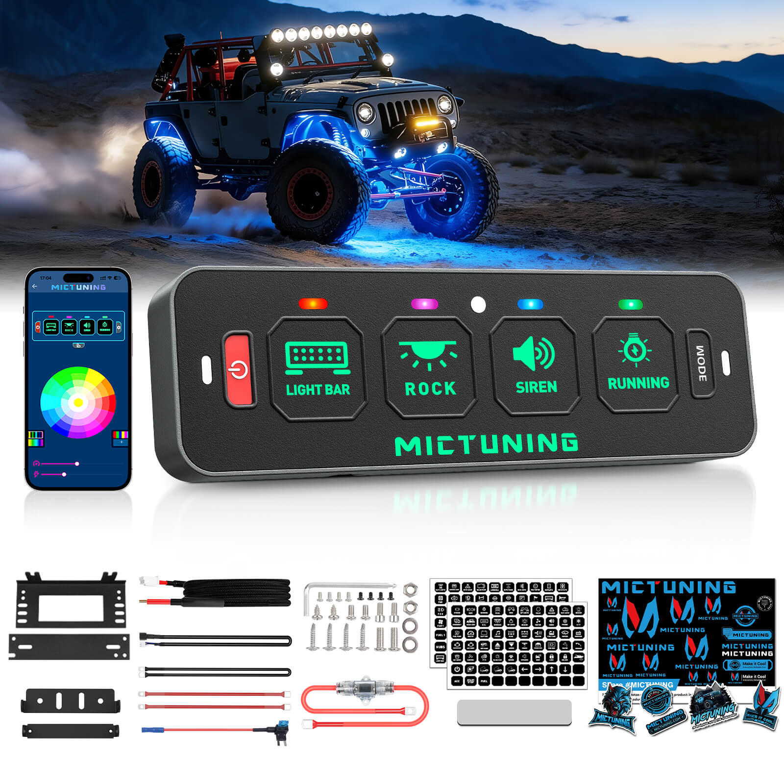 MS-A Slim App Control Switch Panel 4 Gang/6 Gang, RGB Auto-dimming Backlit, Multifunction Toggle Momentary Flash Strobe Circuit Control Relay System Box