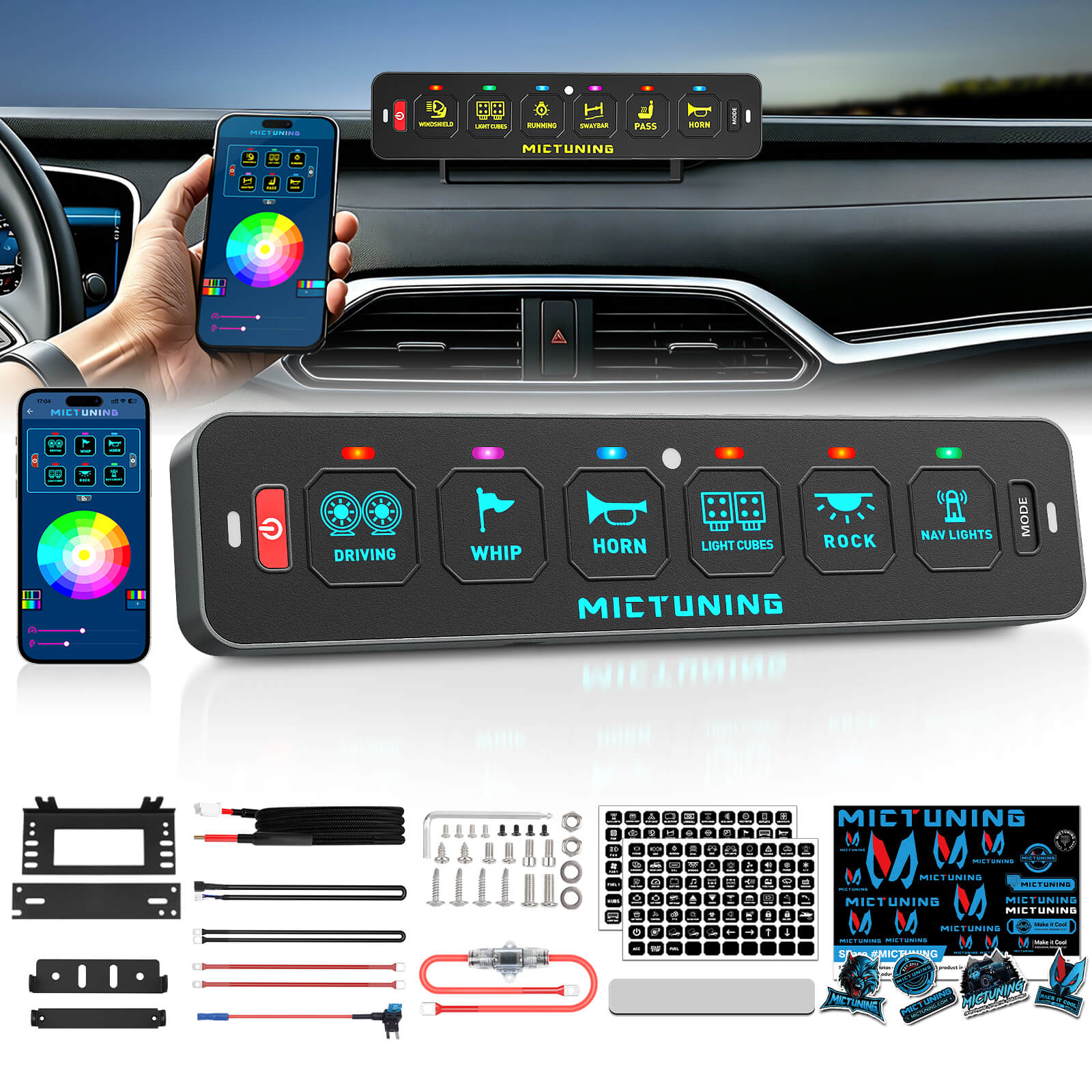 MS-A Slim App Control Switch Panel 4 Gang/6 Gang, RGB Auto-dimming Backlit, Multifunction Toggle Momentary Flash Strobe Circuit Control Relay System Box