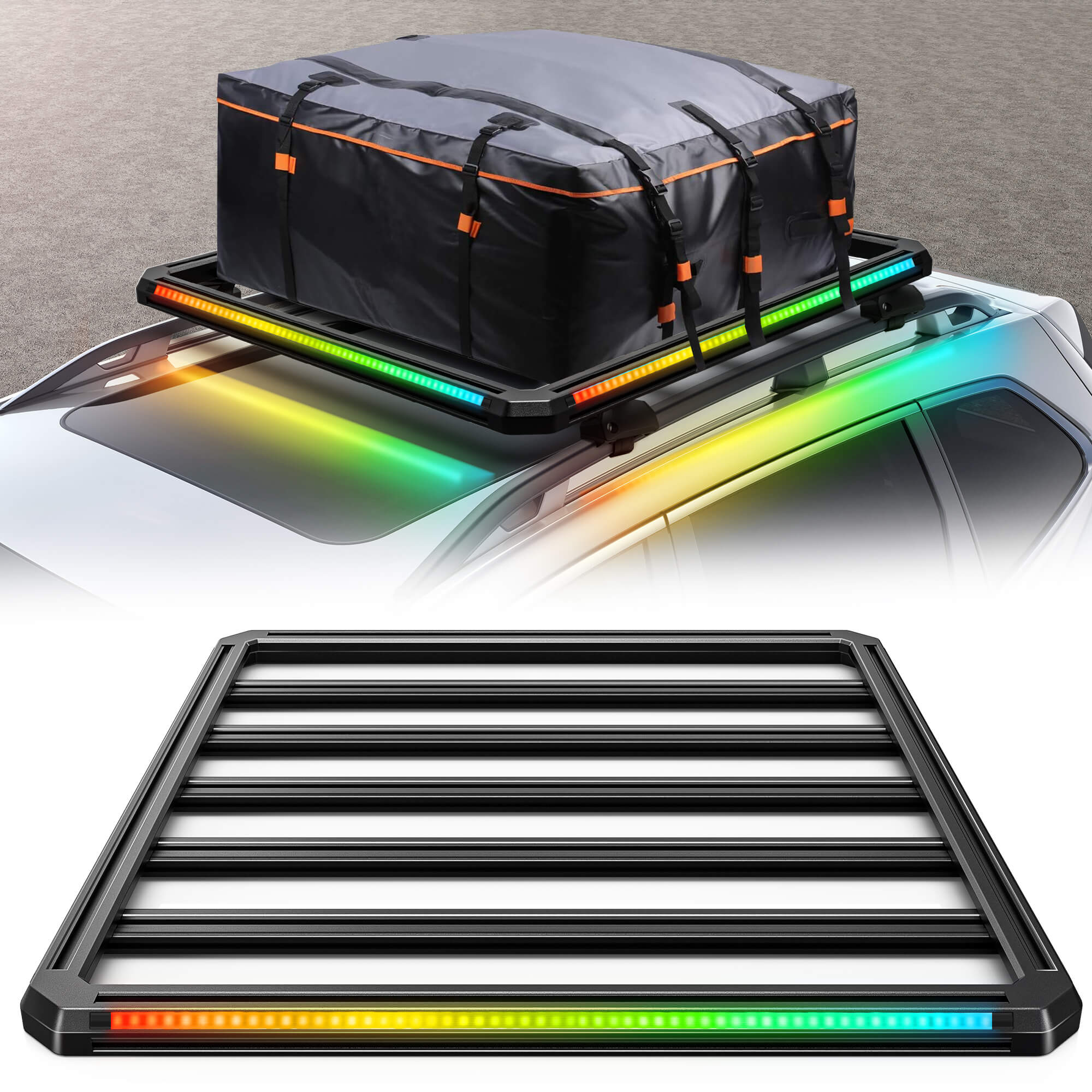 Newest LED Roof Rack Cargo Platform w/ built-in RGB+IC Light Strips, RGB Chasing Lights Frame, Aluminum, 55.1" x 47.2", Fits Most 2-Bar SUVs (Only Ships to U.S. )