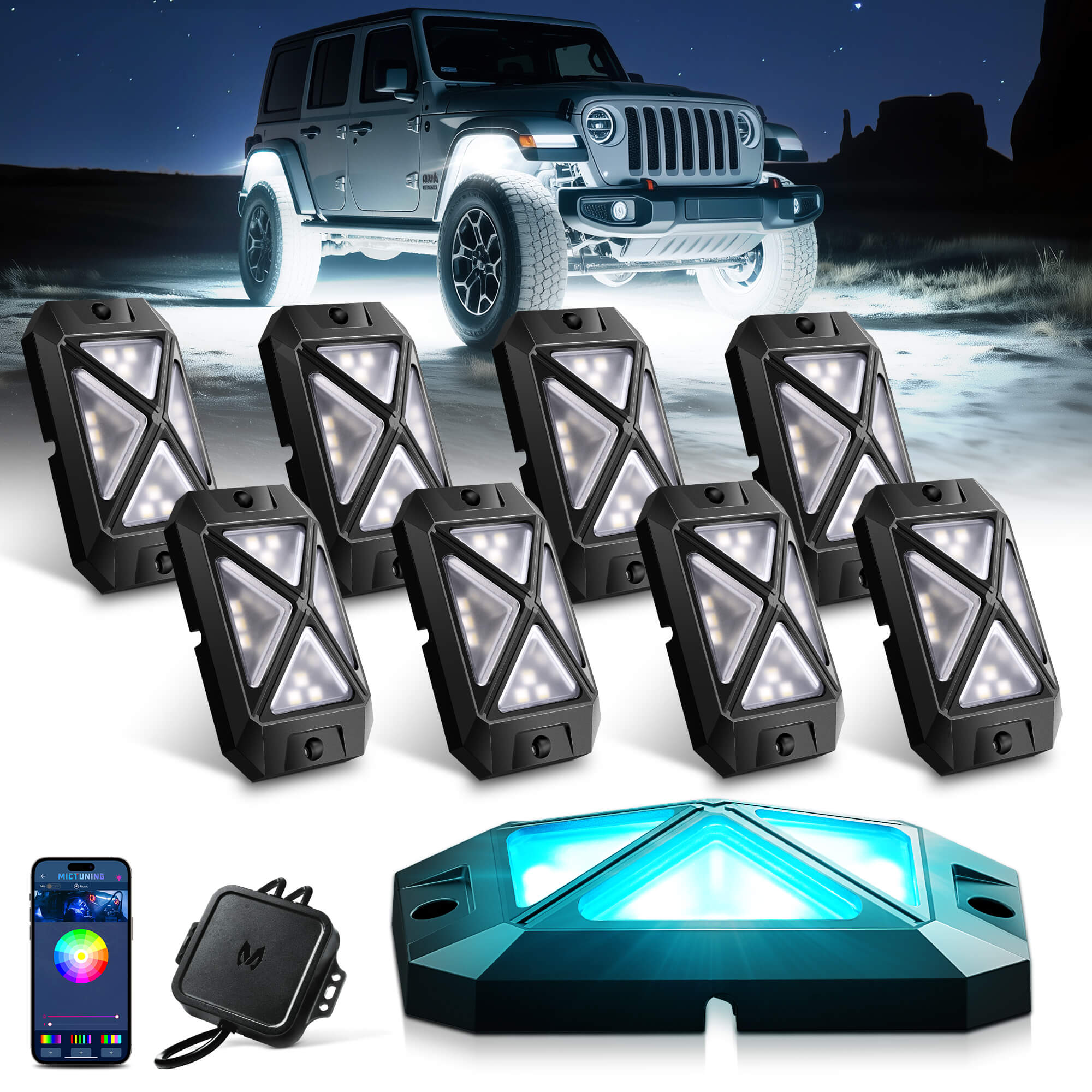 2025 Newest C4 360° Ultra-bright 4-Sided Wide Angle RGBW LED Rock Lights, Microphone Sync with APP Control, 8-16 Pods