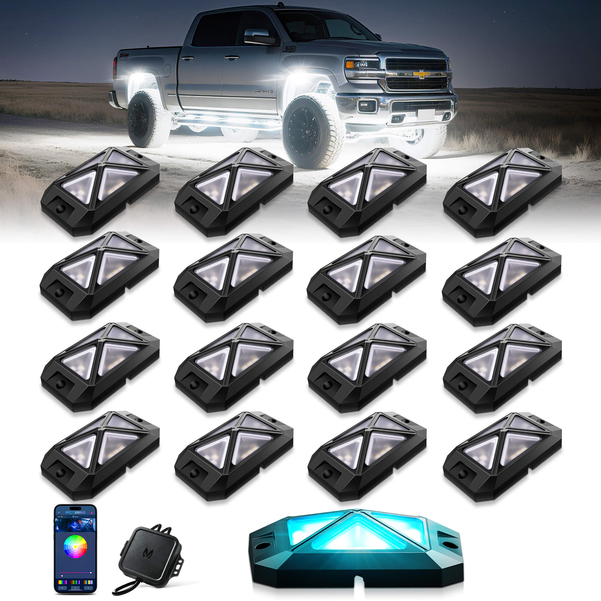 2025 Newest C4 360° Ultra-bright 4-Sided Wide Angle RGBW LED Rock Lights, Microphone Sync with APP Control, 8-16 Pods