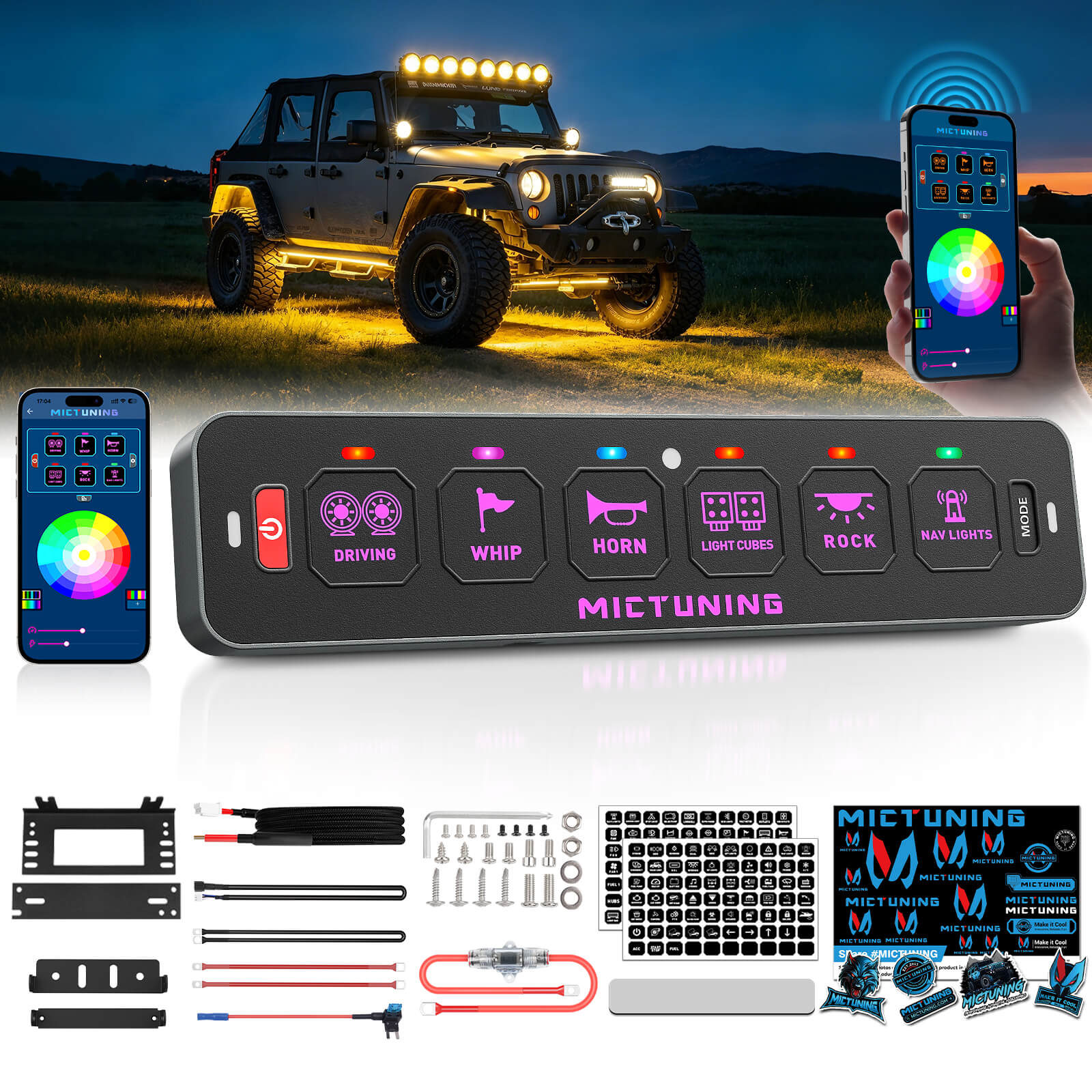 MS-A Slim App Control Switch Panel 4 Gang/6 Gang, RGB Auto-dimming Backlit, Multifunction Toggle Momentary Flash Strobe Circuit Control Relay System Box
