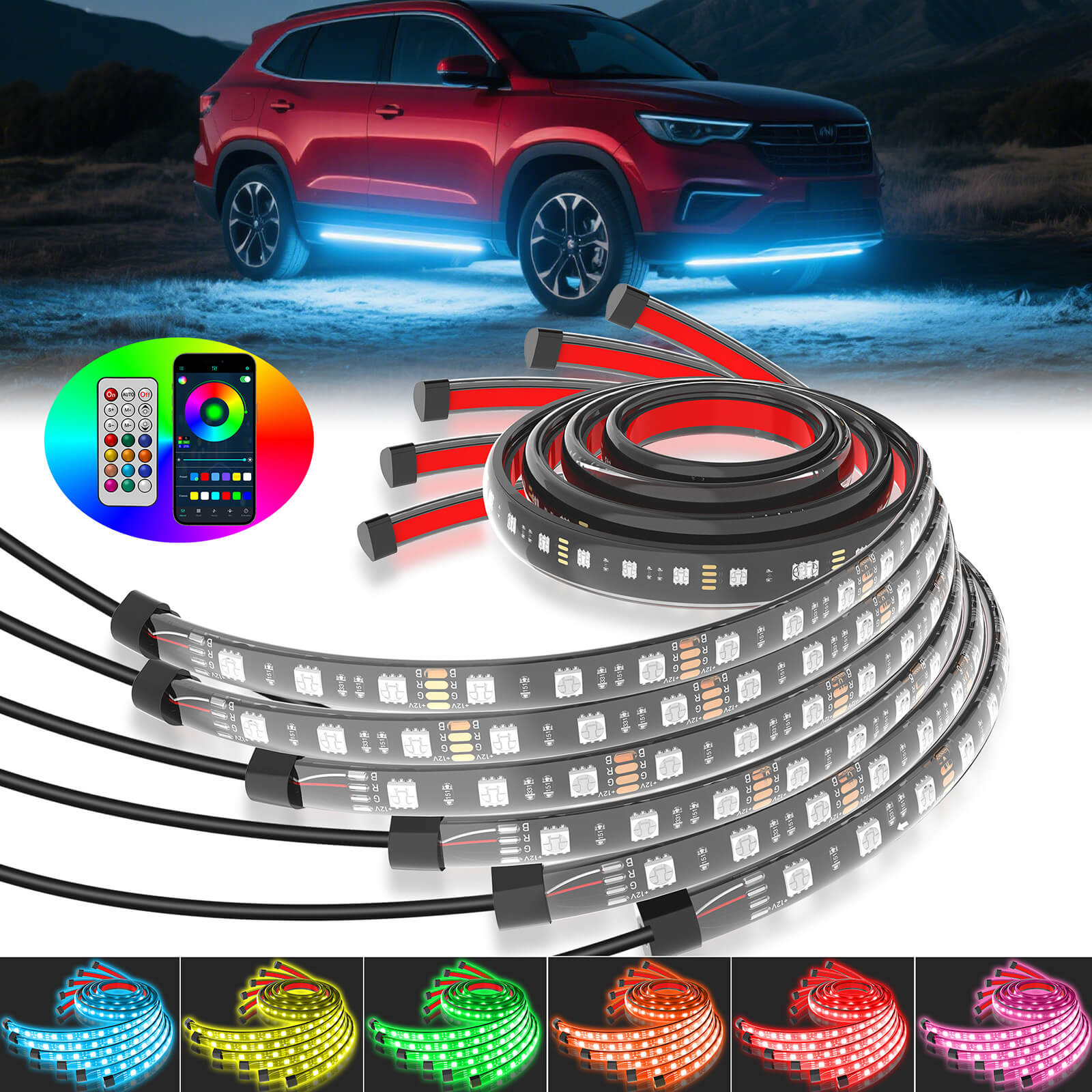 RGB Car Underglow Neon Accent Strip Lights, APP & Remote Control, Sound Active Function, Music Mode(2x35″+2x47″/4x35″+2x47″ )