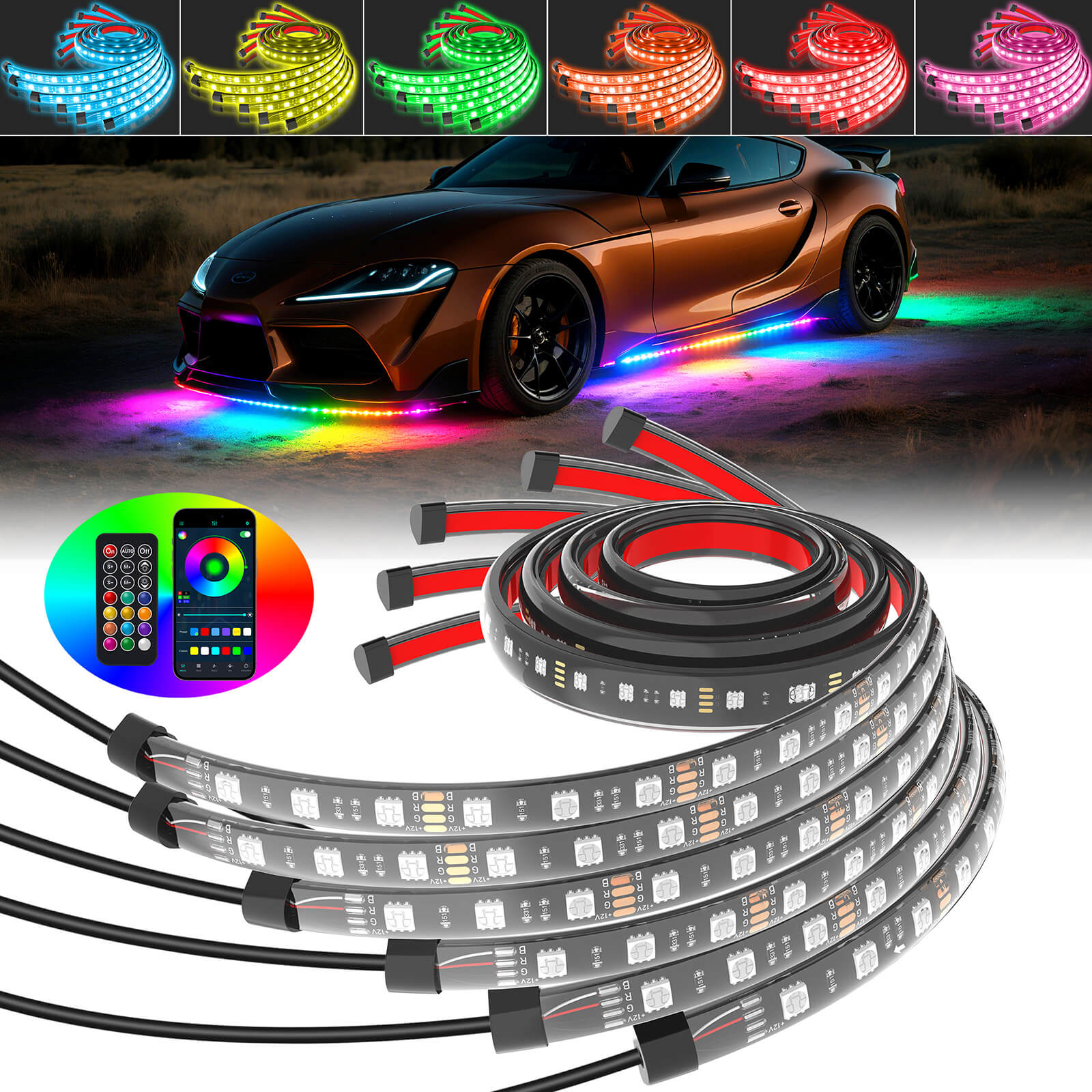 RGB+IC Car Underglow Neon Accent Strip Lights, APP & Remote Control, Sound Active Function, Music Mode(2x35″+2x47″/4x35″+2x47″ )