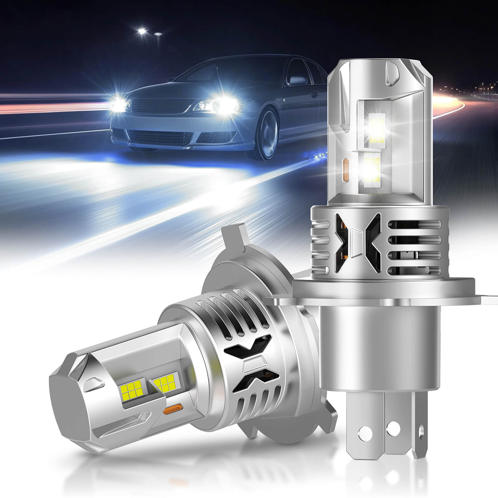 H4/H19 LED Headlight Light Bulbs, Super Bright 8000LM 6000K White with Cooling Fan, 1:1 Mini Size Plug and Play Car Fog Light, Pack of 2