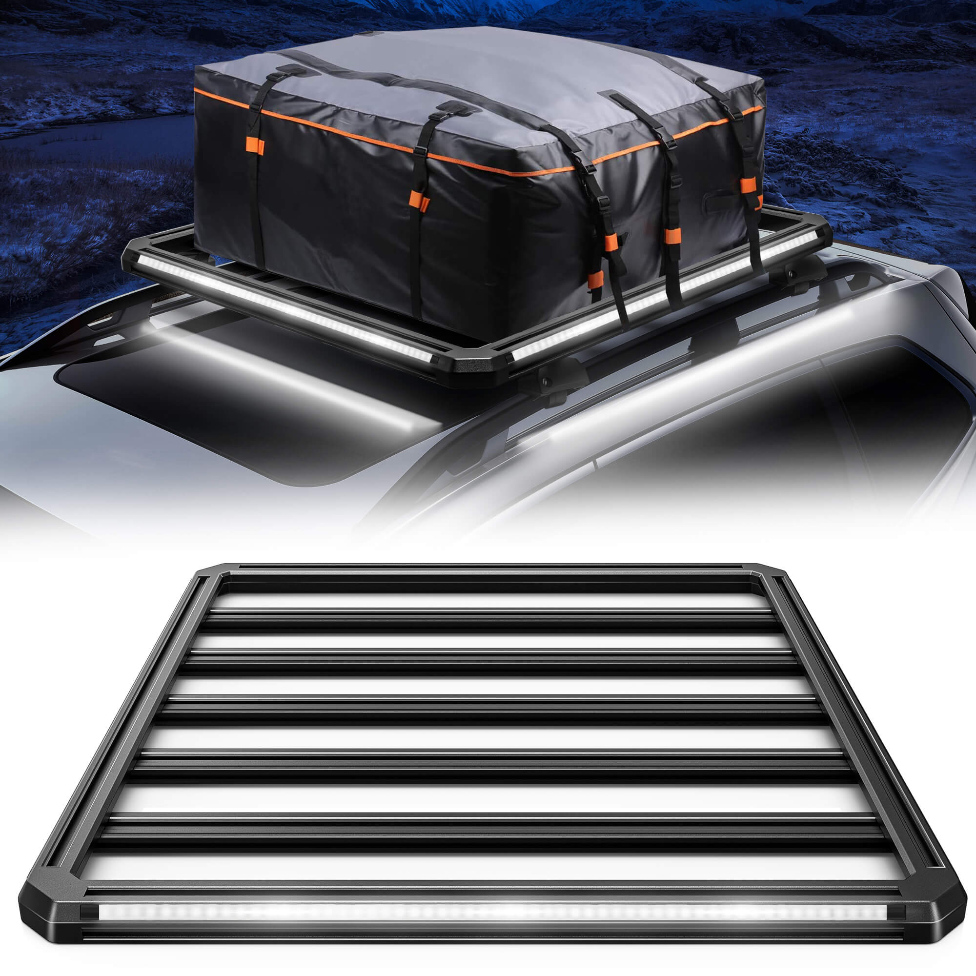 Newest LED Roof Rack Cargo Platform w/ built-in RGB+IC Light Strips, RGB Chasing Lights Frame, Aluminum, 55.1" x 47.2", Fits Most 2-Bar SUVs (Only Ships to U.S. )
