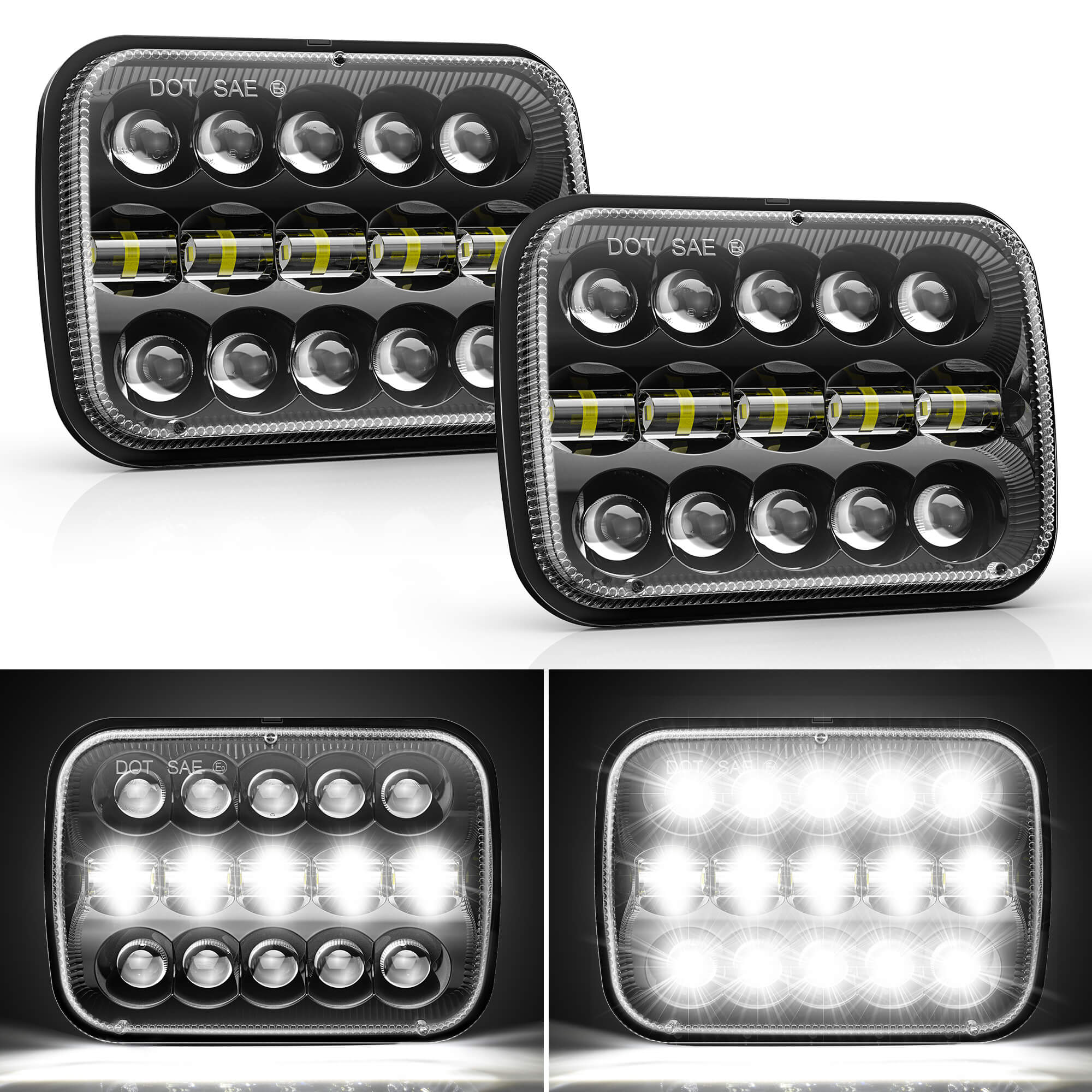 5x7 LED Headlights 7x6 Rectangle Headlamps H6054 110W Hi/Low Sealed Beam For Wrangler YJ Cherokee XJ Comanche MJ Chevy S10 T300 FL50 FL60 FL70 Peterbilt, Black