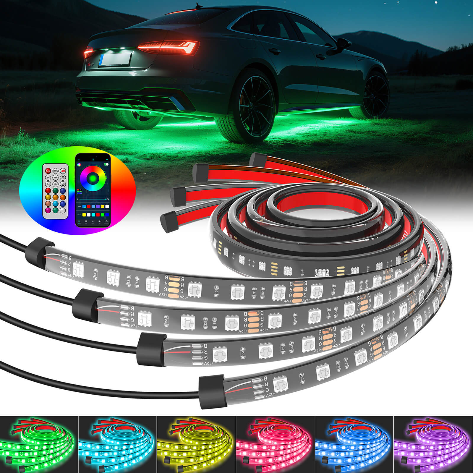 RGB Car Underglow Neon Accent Strip Lights, APP & Remote Control, Sound Active Function, Music Mode(2x35″+2x47″/4x35″+2x47″ )