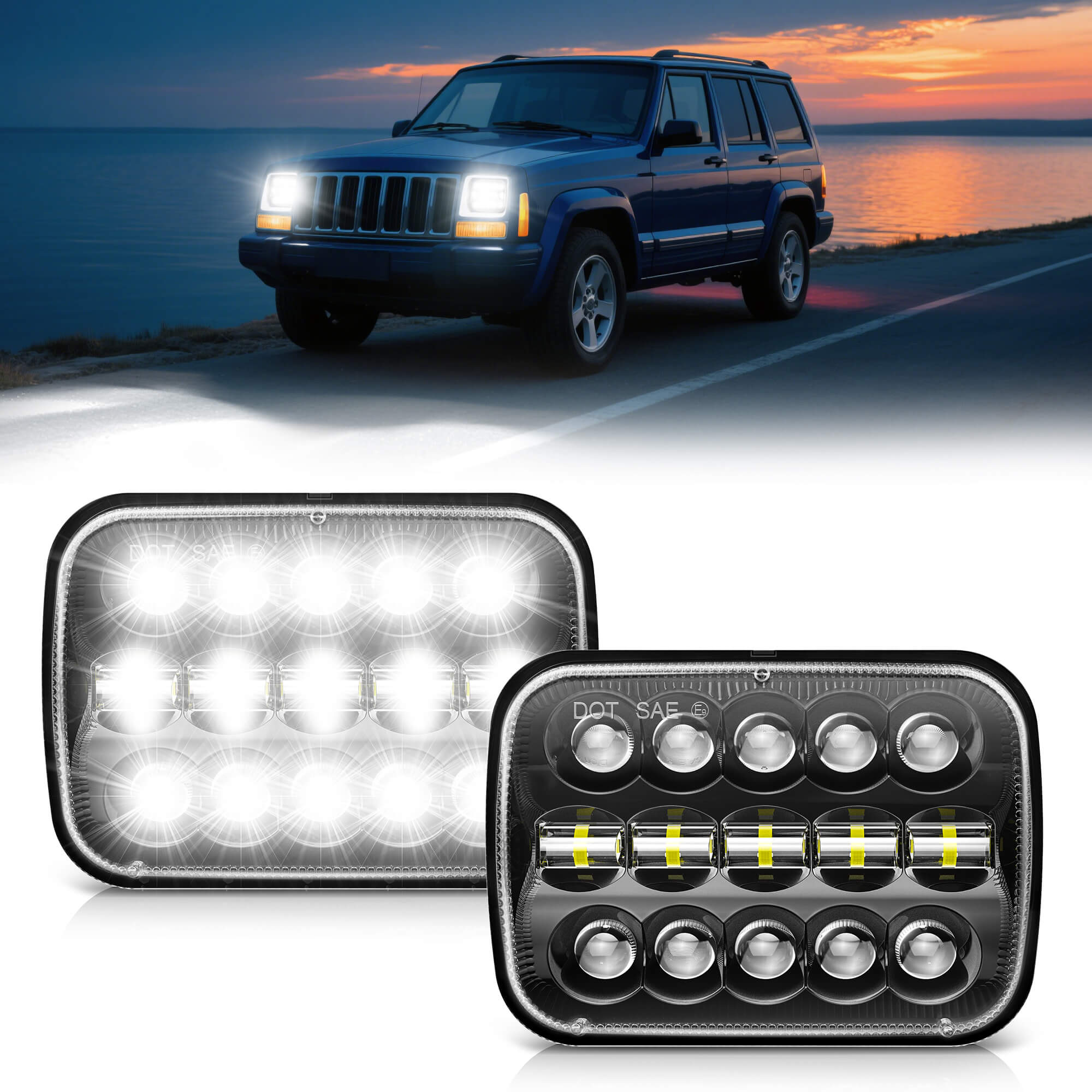 5x7 LED Headlights 7x6 Rectangle Headlamps H6054 110W Hi/Low Sealed Beam For Wrangler YJ Cherokee XJ Comanche MJ Chevy S10 T300 FL50 FL60 FL70 Peterbilt, Black