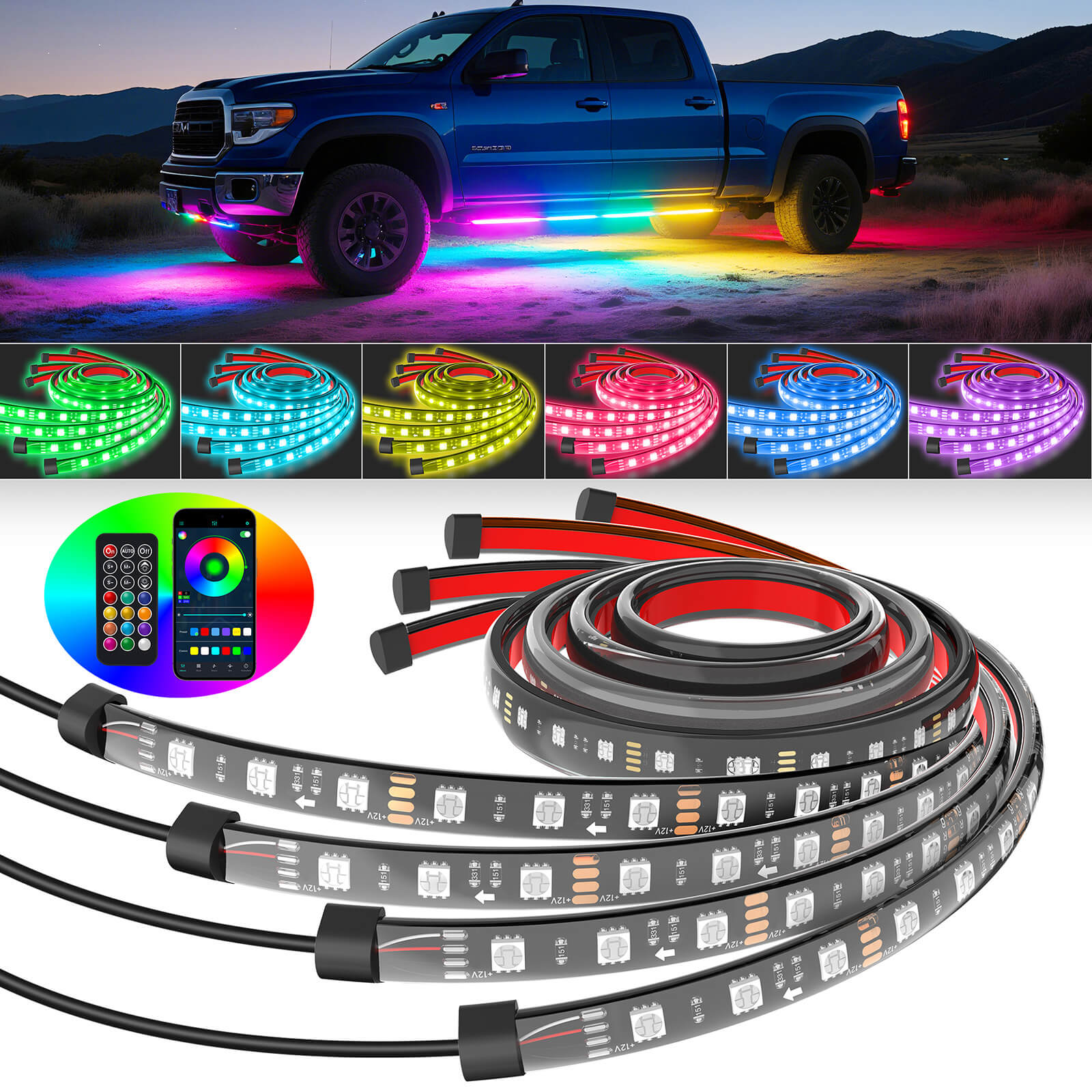 RGB+IC Car Underglow Neon Accent Strip Lights, APP & Remote Control, Sound Active Function, Music Mode(2x35″+2x47″/4x35″+2x47″ )