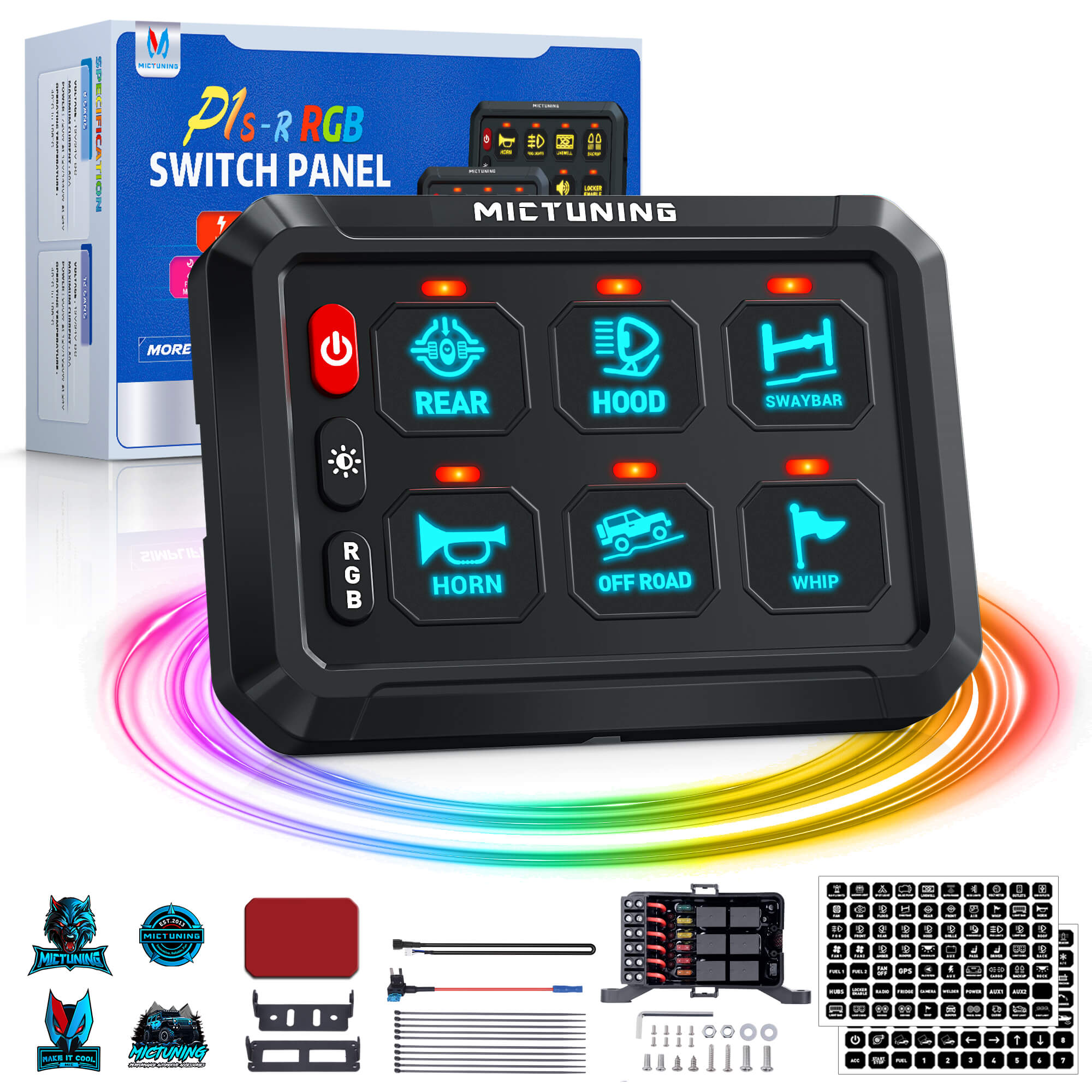 P1s-R 6 Gang/8 Gang Switch Panel, RGB Colors Adjustable Brightness, On-Off Toggle Switch Momentary Circuit Control Relay System Box