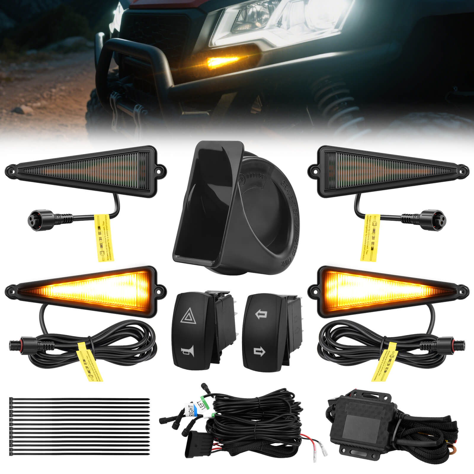 UTV Turn Signal Kit with 110D Horn, Pre-Wired, Plug and Play UTV ATV Blinker with Rocker Switch, Triangle Flowing Street Legal Turn Signals for Polaris, Can-Am, Teryx, CFMOTO
