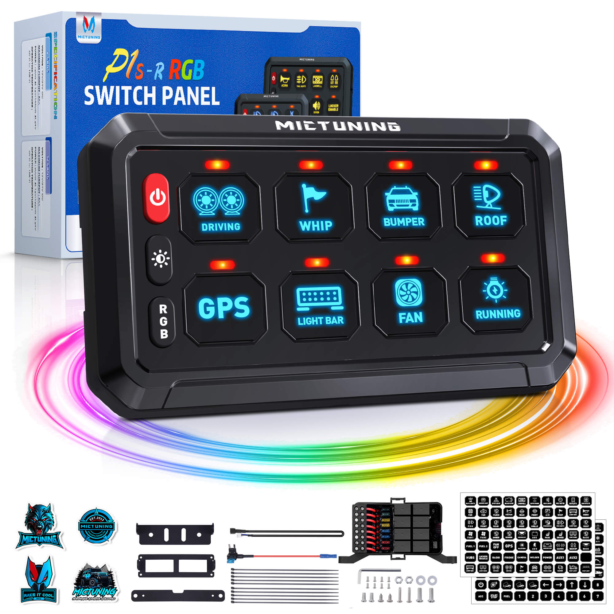 P1s-R 6 Gang/8 Gang Switch Panel, RGB Colors Adjustable Brightness, On-Off Toggle Switch Momentary Circuit Control Relay System Box