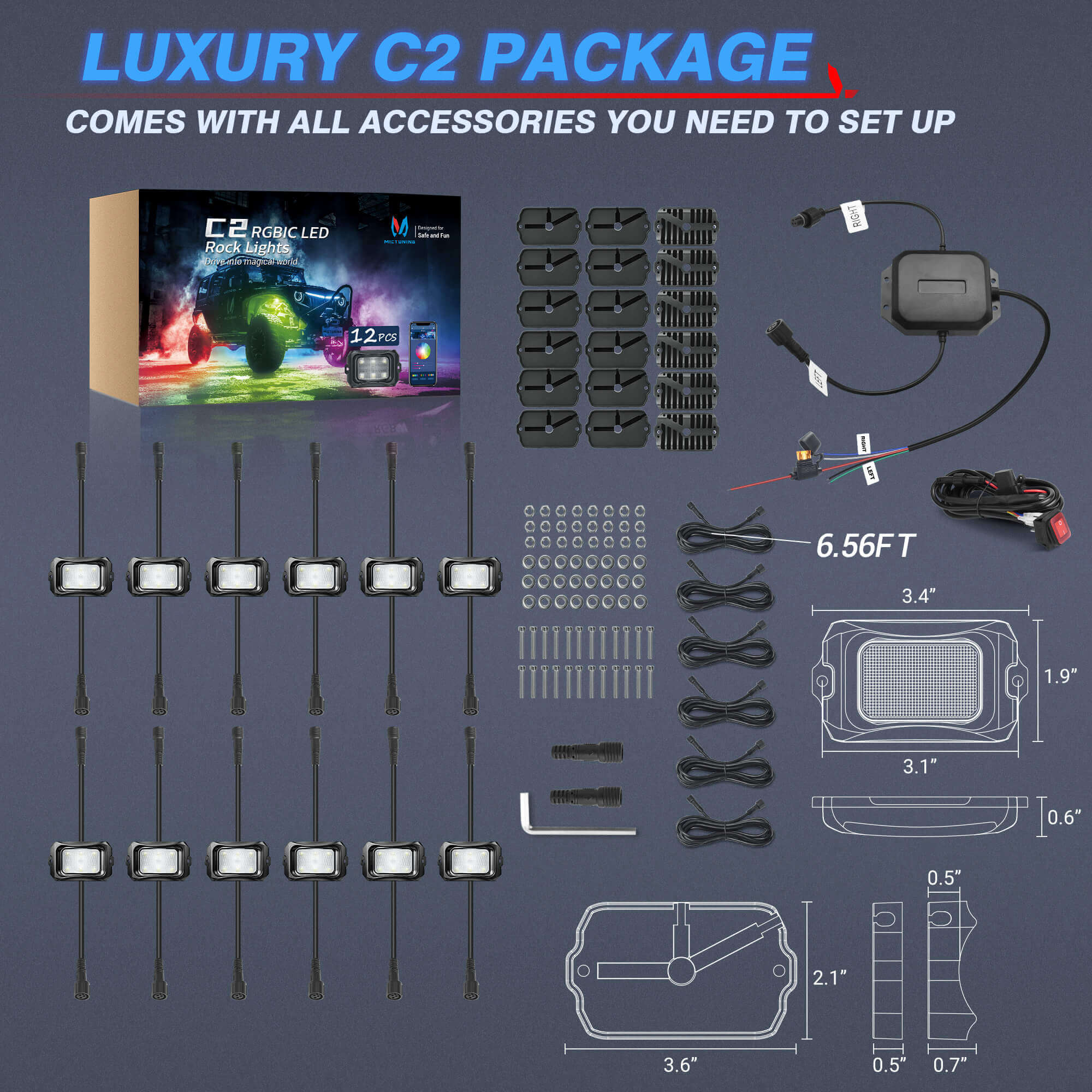 C2 RGB+IC LED Rock Lights Kit Bundle with 15.5″/17″ V1 RGB+IC Wheel Ring Lights Kit